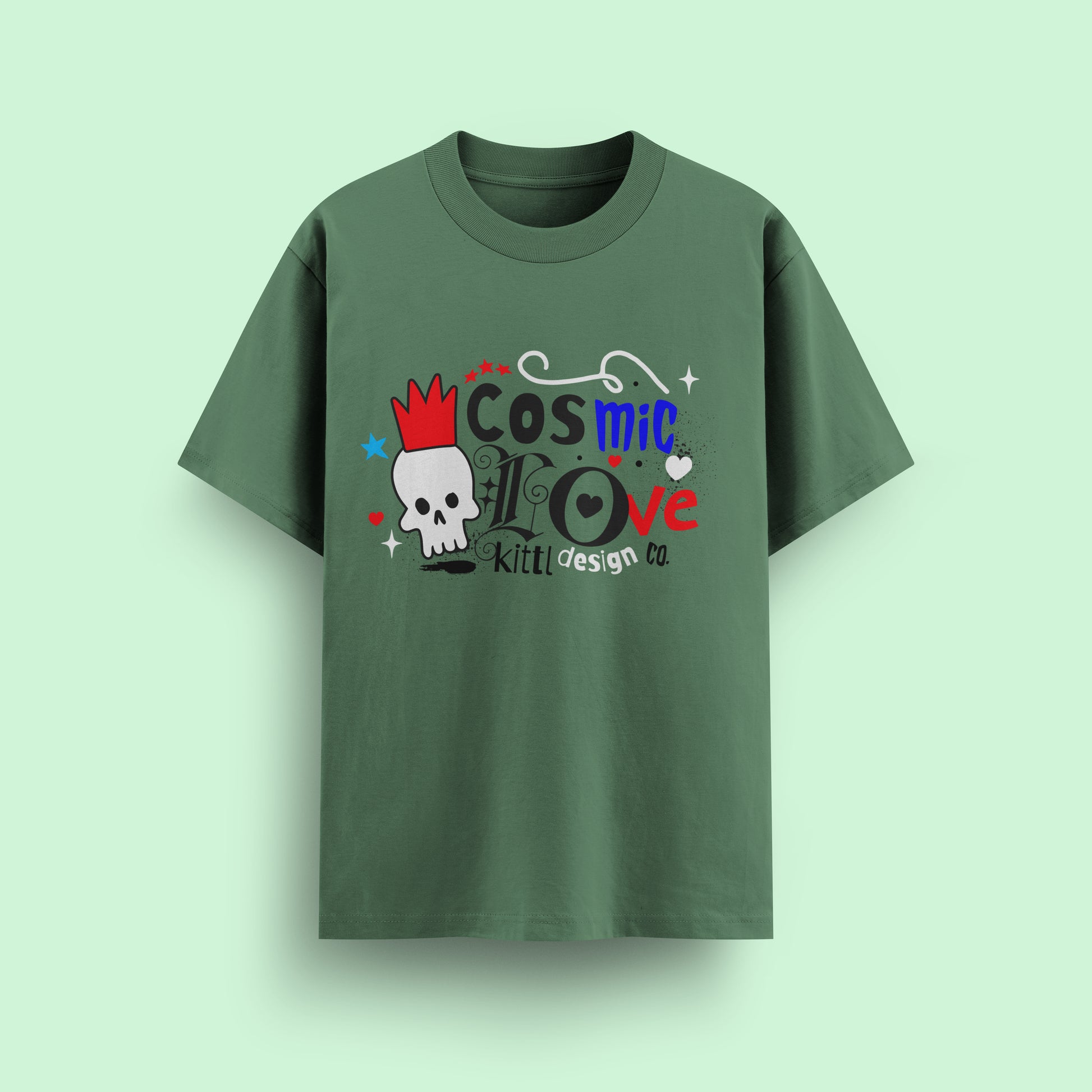 Green t-shirt with a skull and crown graphic and 'Cosmic Love' text on a light green background