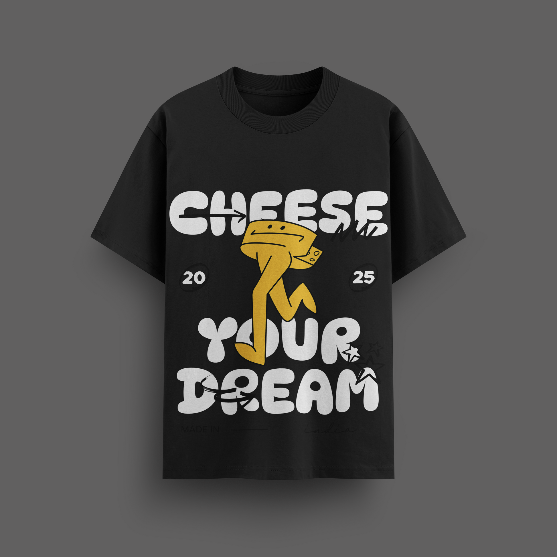 Black t-shirt with a graphic design featuring text and a character on a dark background