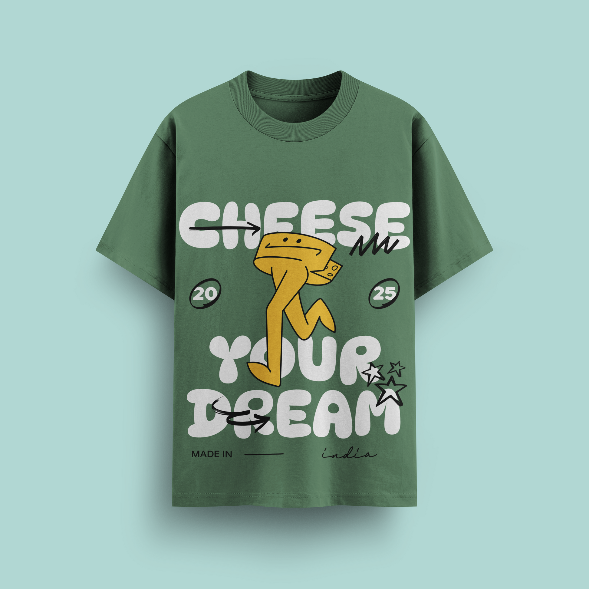 Green t-shirt with cartoon character and text on a light blue background