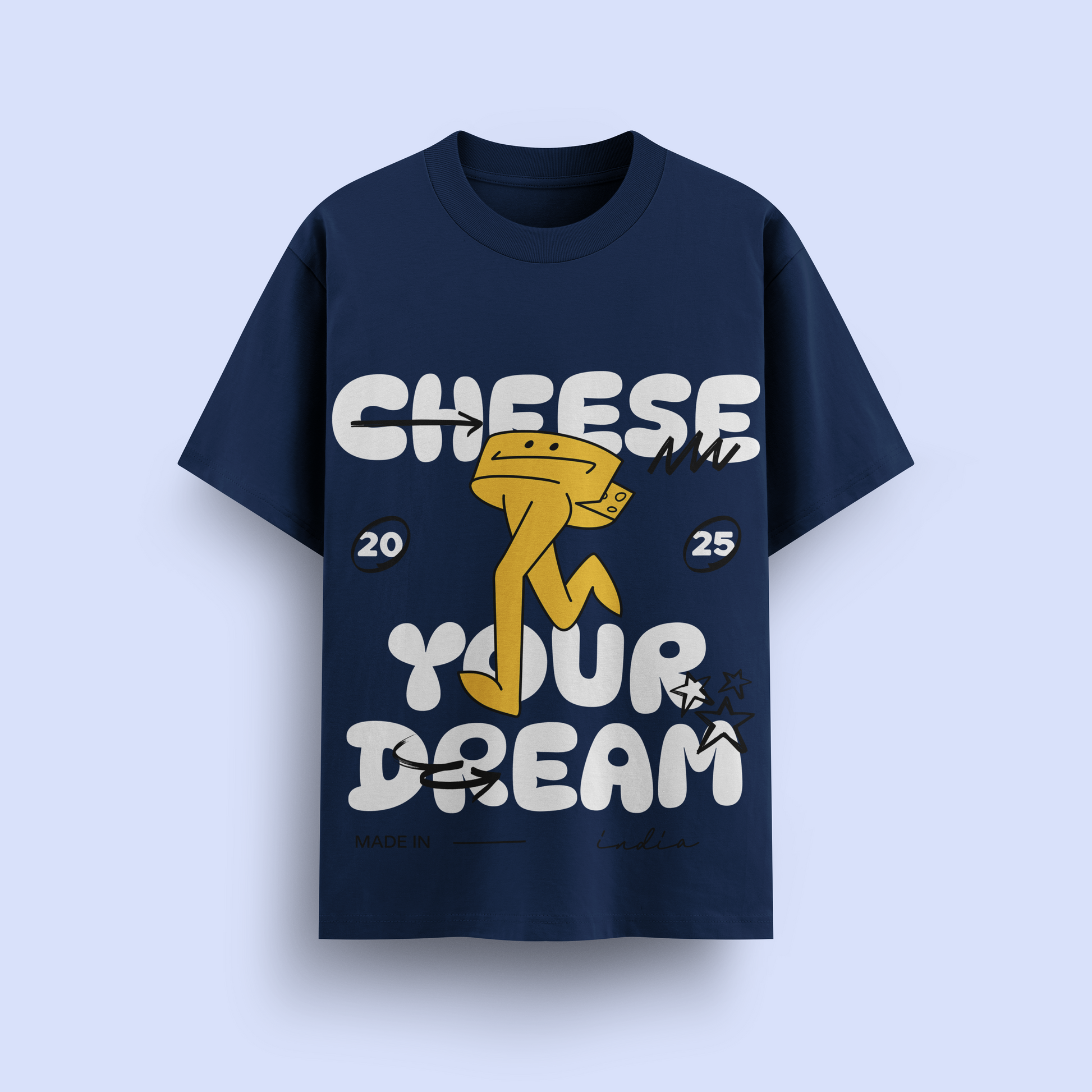 Navy blue t-shirt with cartoon character and text on a light blue background