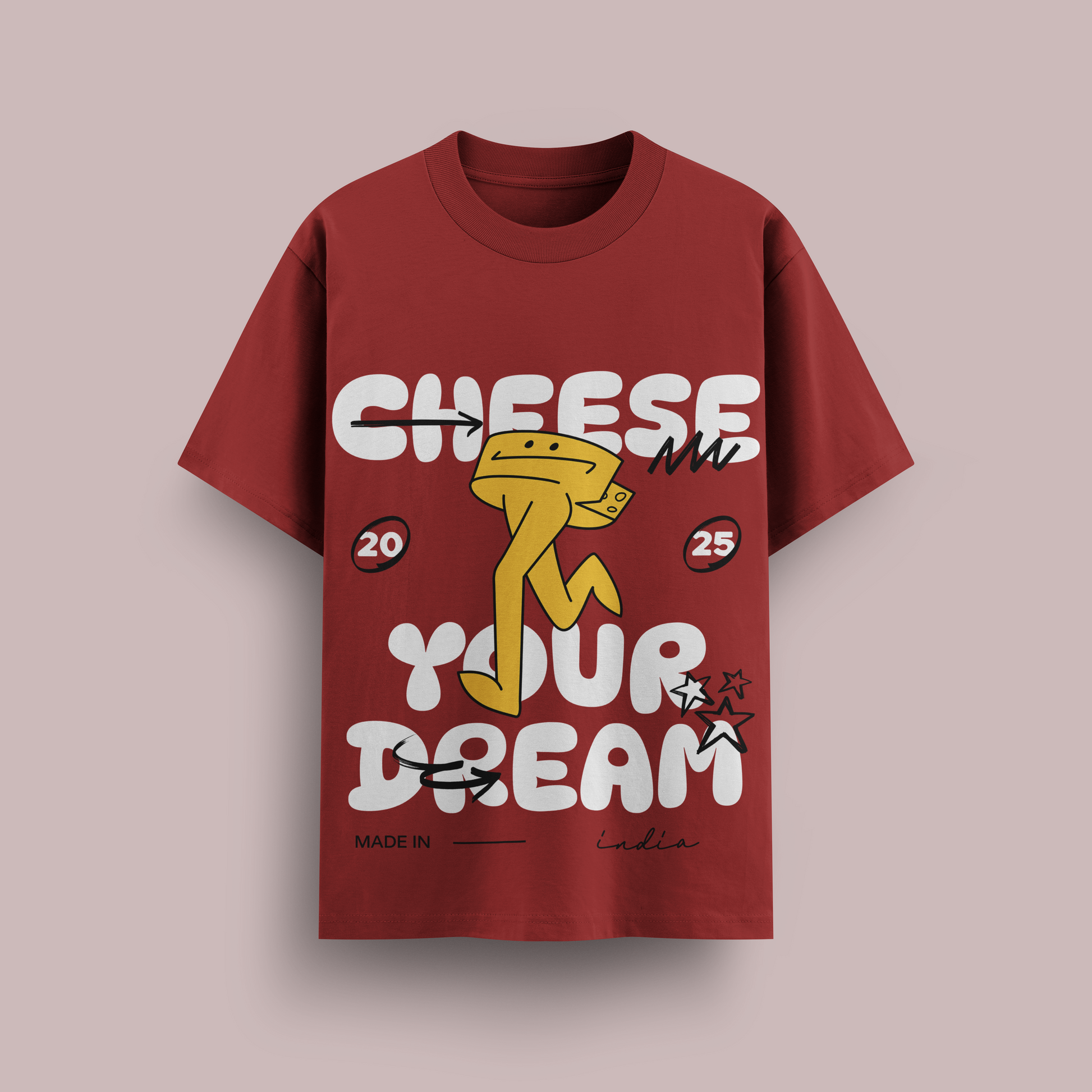 Red t-shirt with cartoon character and text on a beige background
