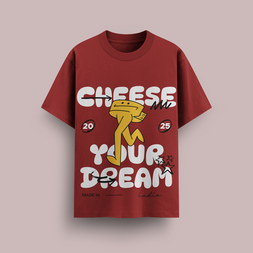 Red t-shirt with cartoon character and text on a beige background