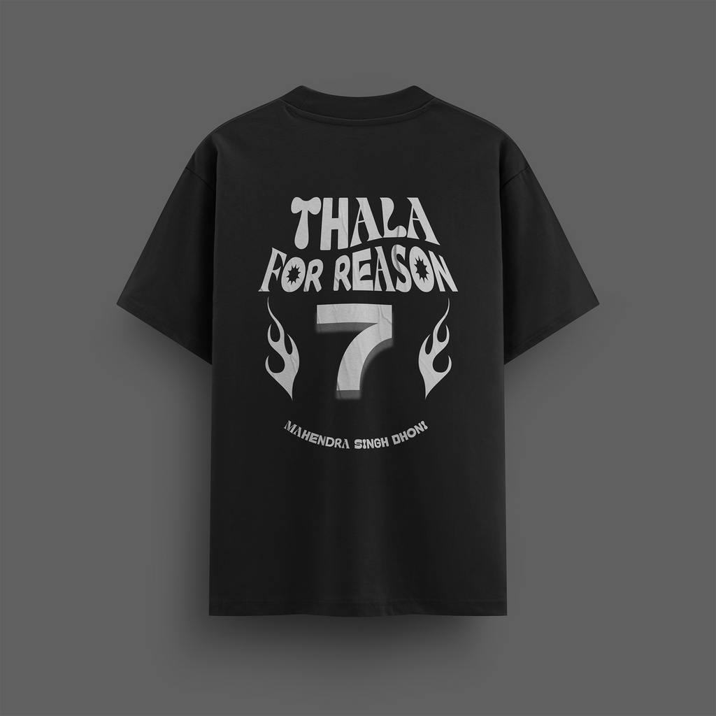 Black t-shirt with white text dhoni and design on a gray background 