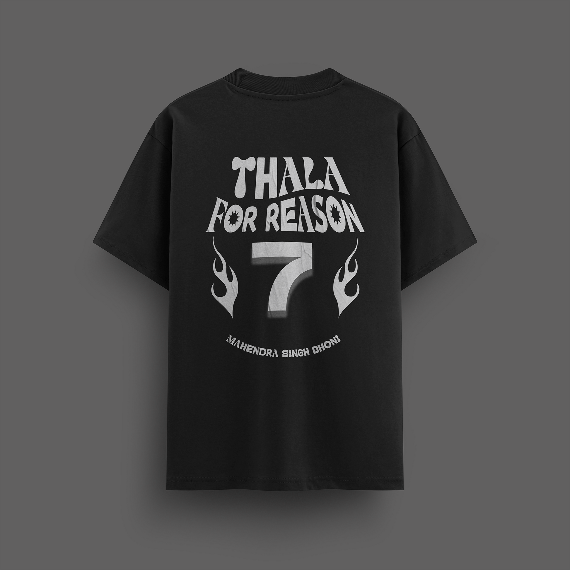 Black t-shirt with white text dhoni and design on a gray background 