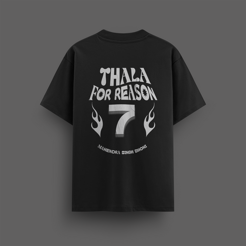 Black t-shirt with white text dhoni and design on a gray background 