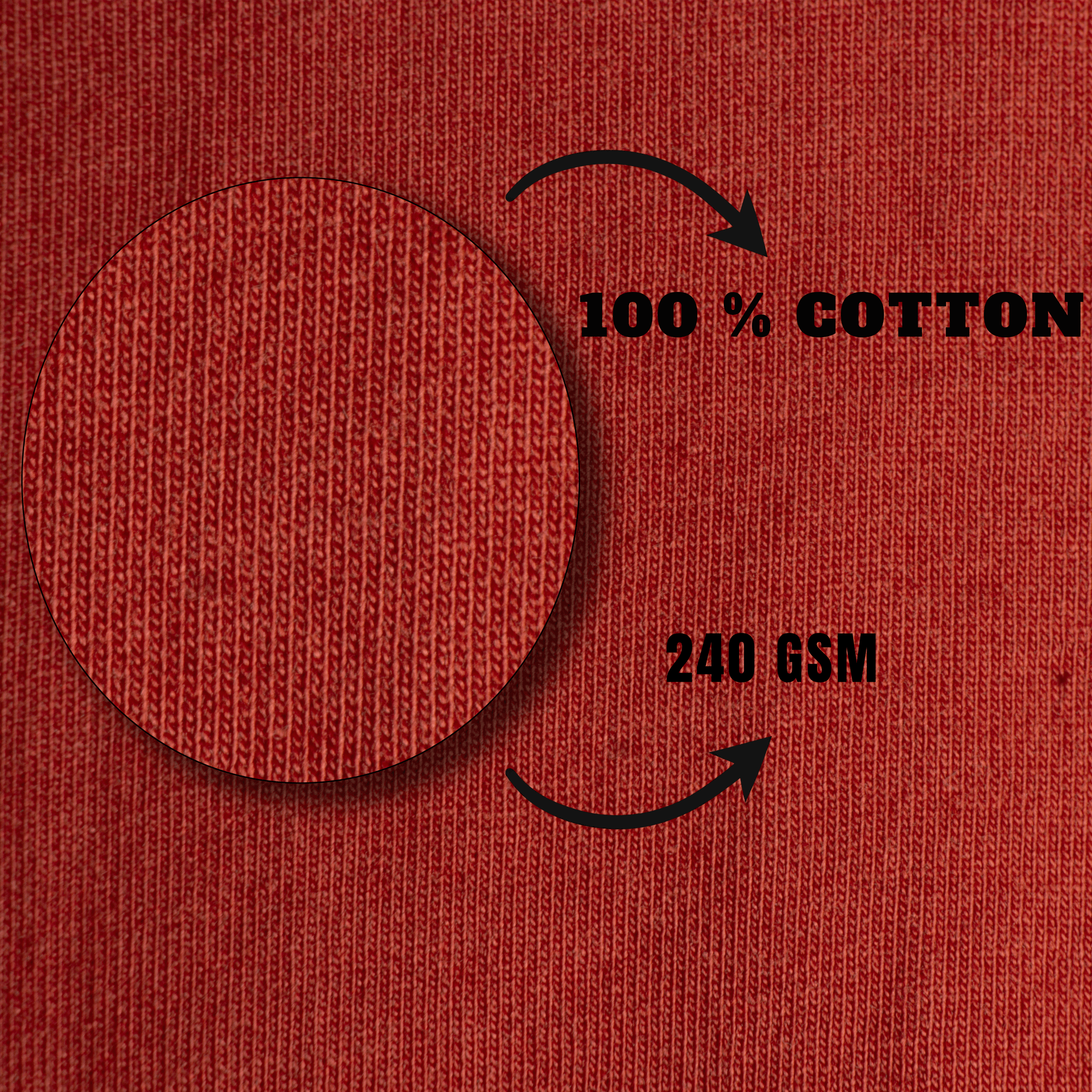 Red fabric with '100% Cotton' and '240 GSM' text on a red background