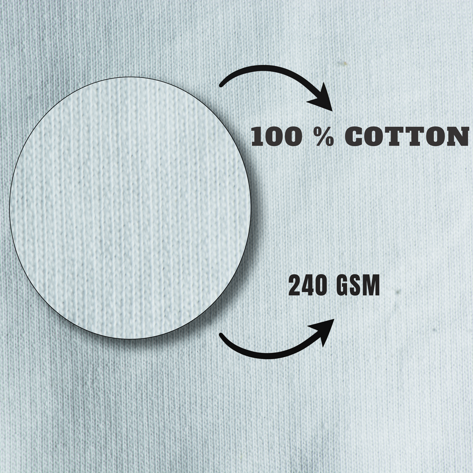 white Textured fabric swatch with '100% Cotton' and '240 GSM' labels on a light gray background