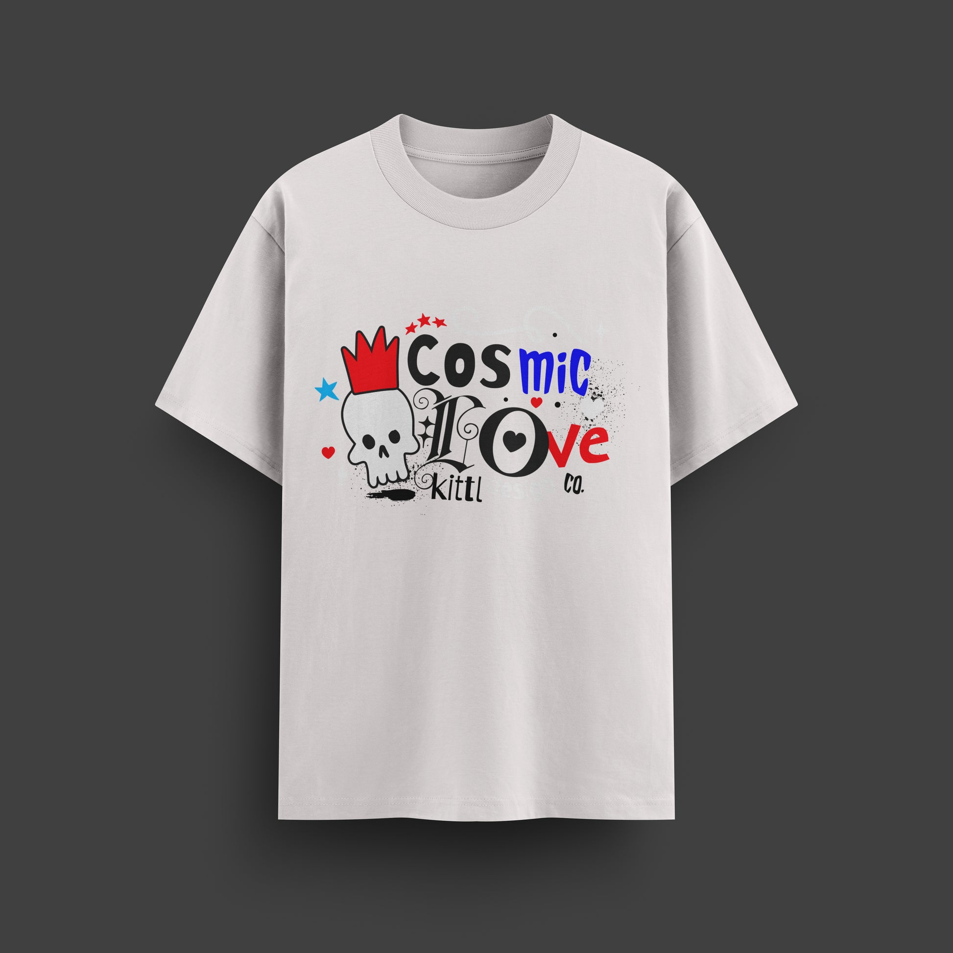 White t-shirt with a graphic design on a dark gray background