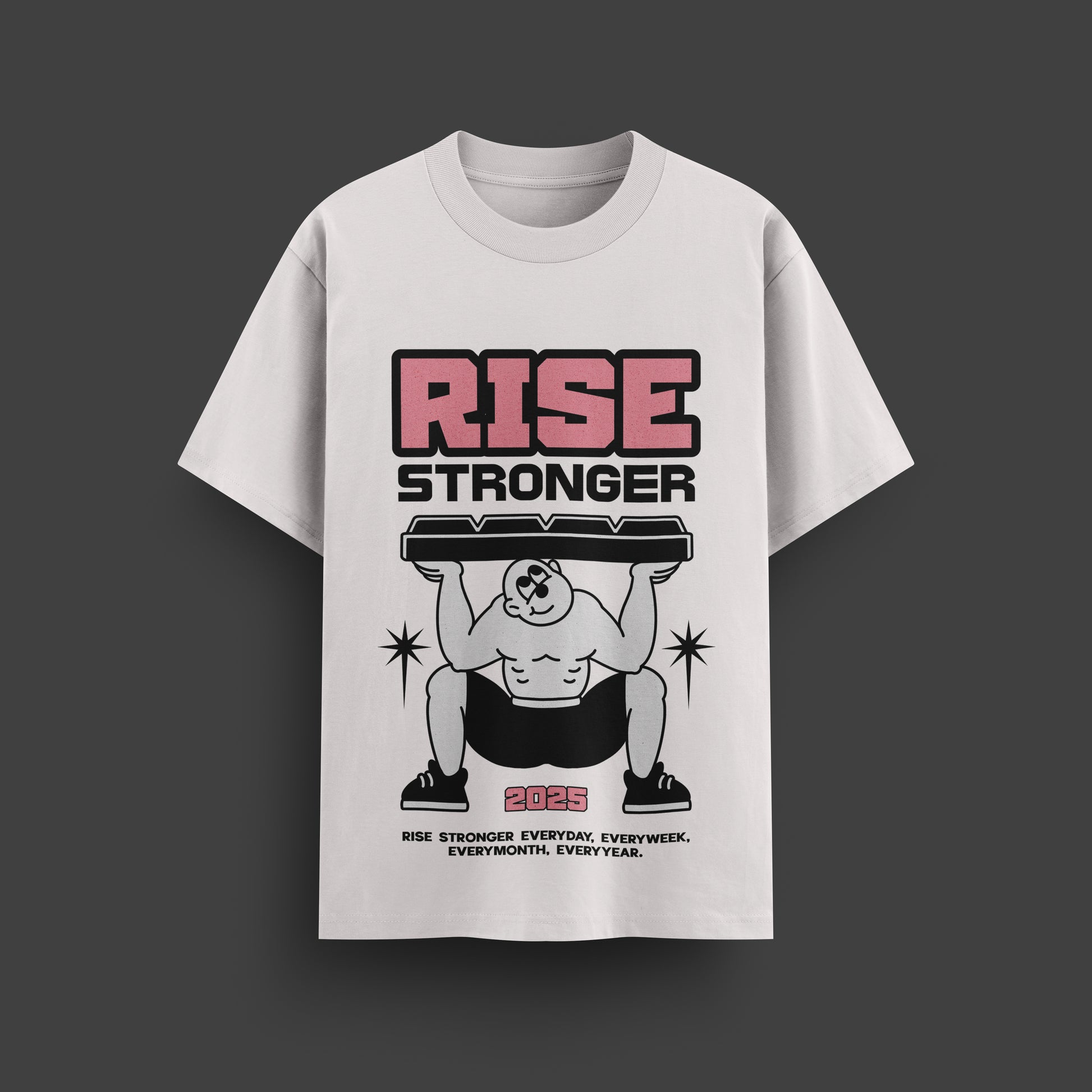 White t-shirt with 'RISE STRONGER' graphic design on a dark background