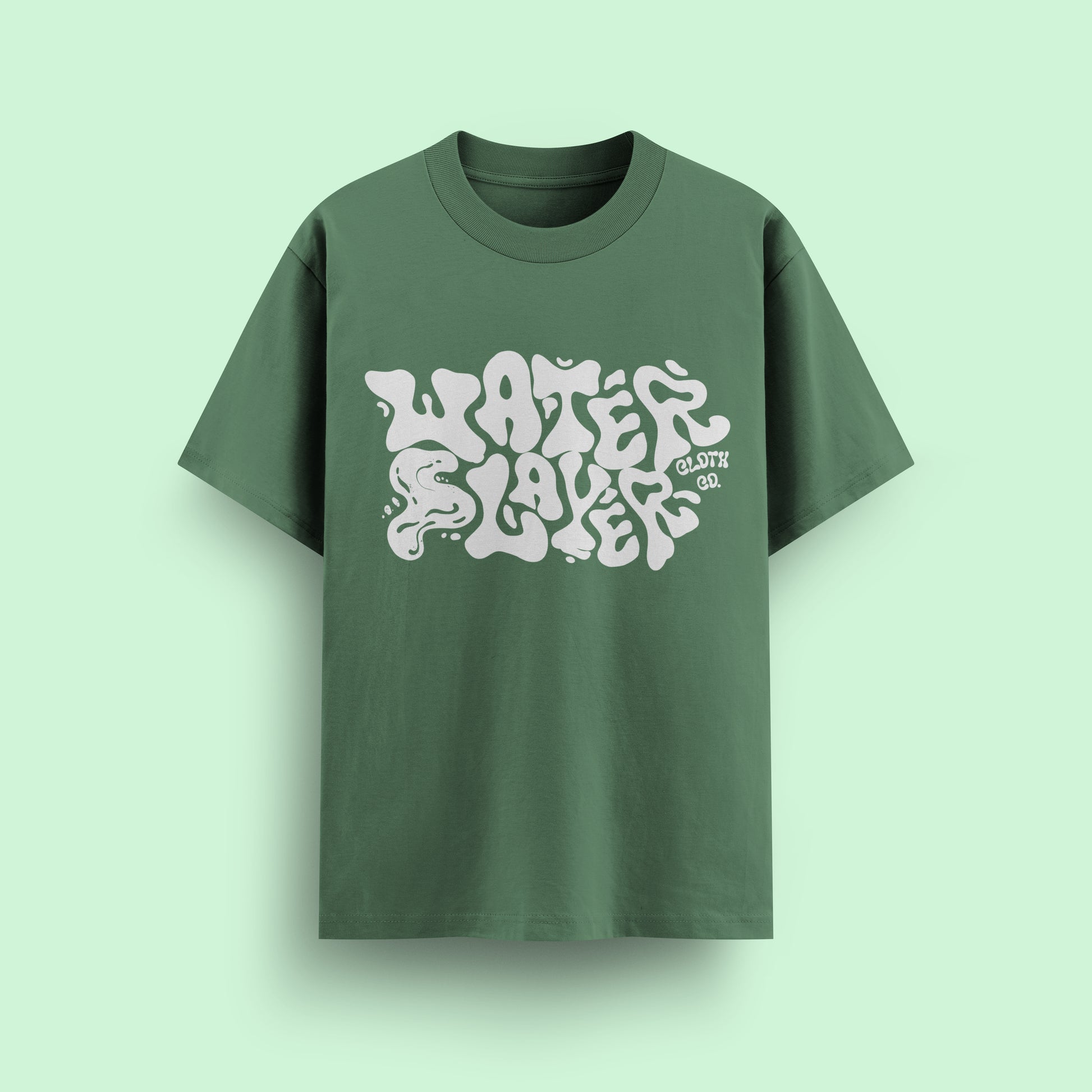 Green t-shirt with white text on a light green background