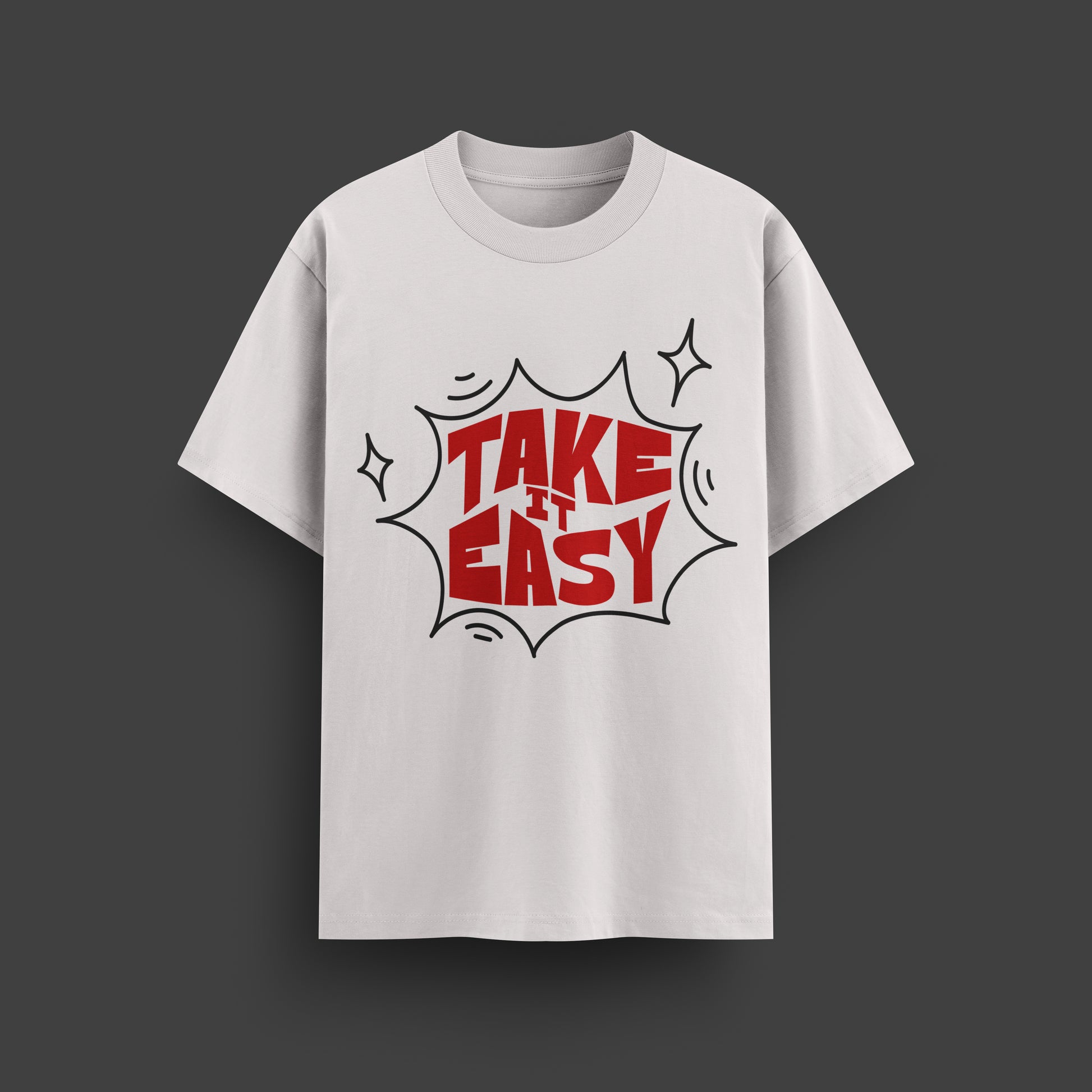 White t-shirt with 'Take It Easy' text design on a dark gray background