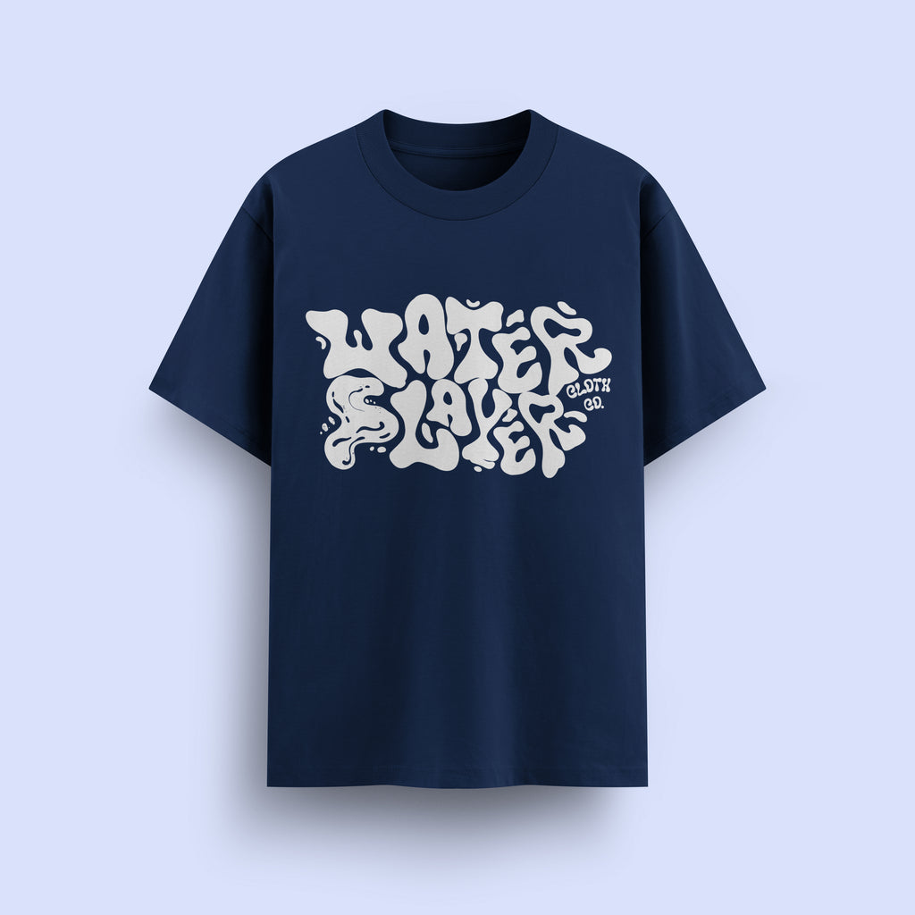 Navy blue t-shirt with white text on a light purple background