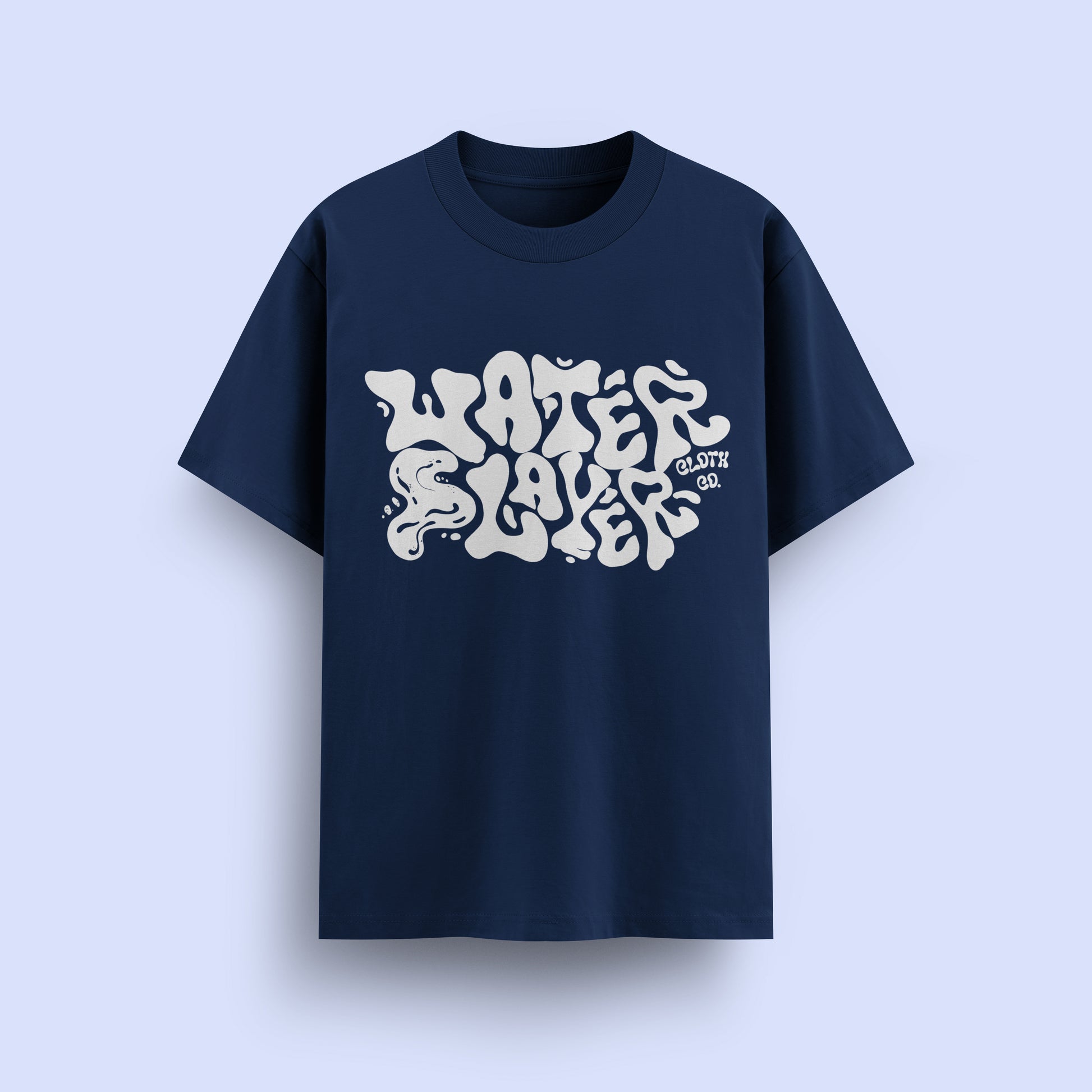 Navy blue t-shirt with white text on a light purple background