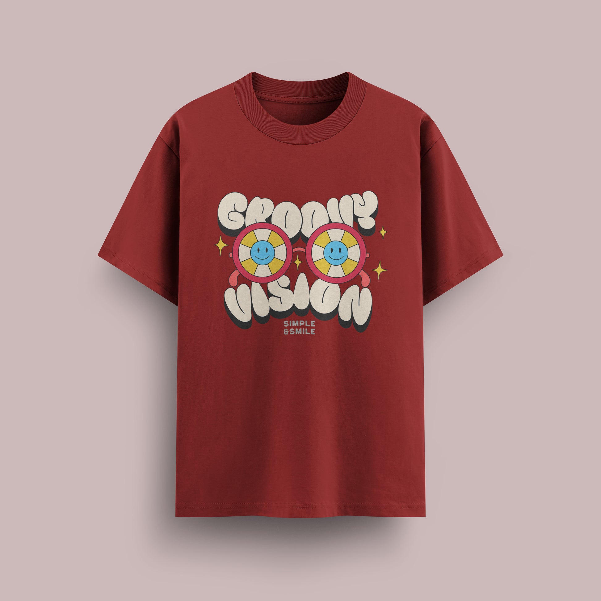 Red t-shirt with a graphic design on a beige background