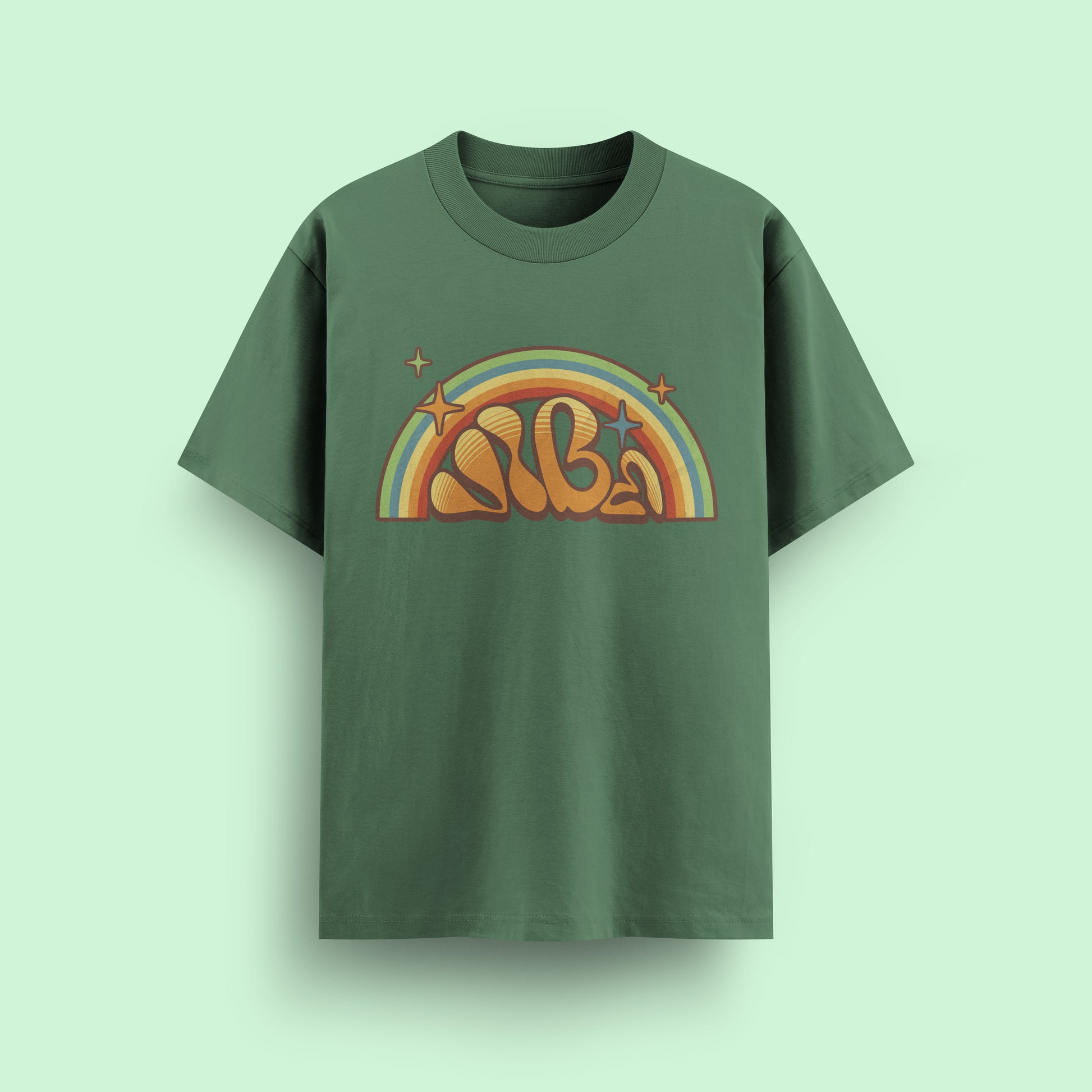 Green t-shirt with a colorful graphic design on a light green background