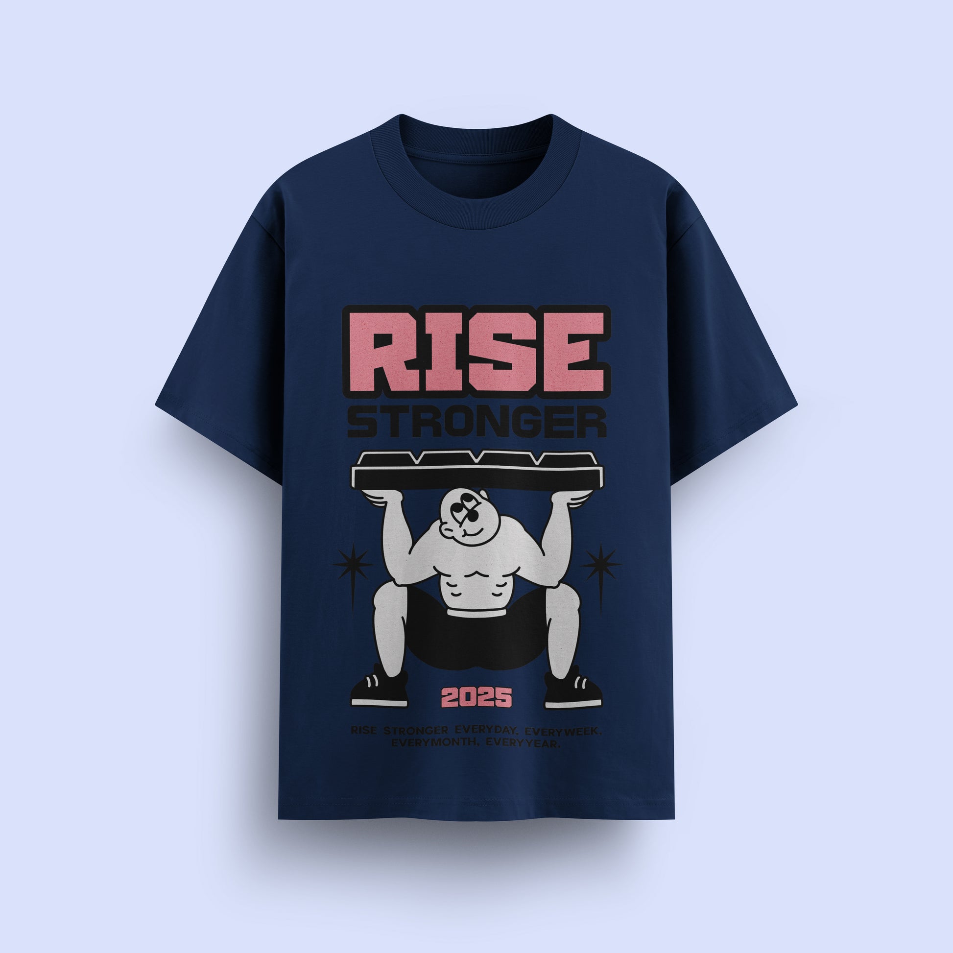 Navy blue t-shirt with 'RISE STRONGER' graphic design on a light blue background