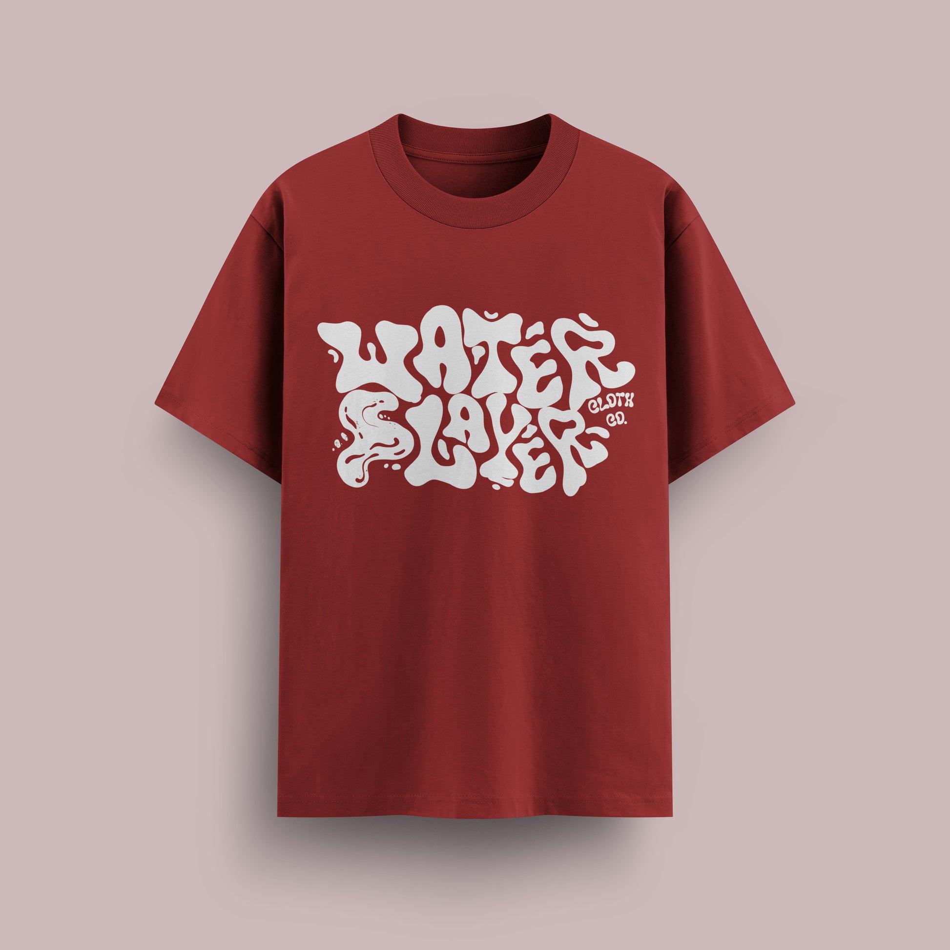 Red t-shirt with white text on a beige background