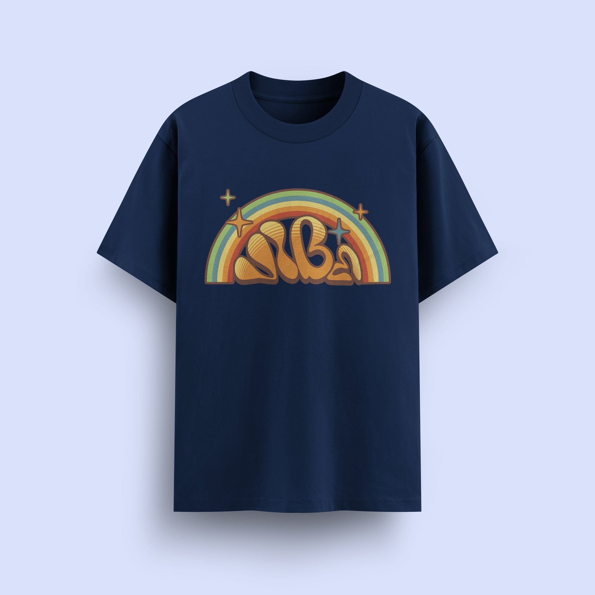 Navy blue t-shirt with a colorful graphic design on a light purple background