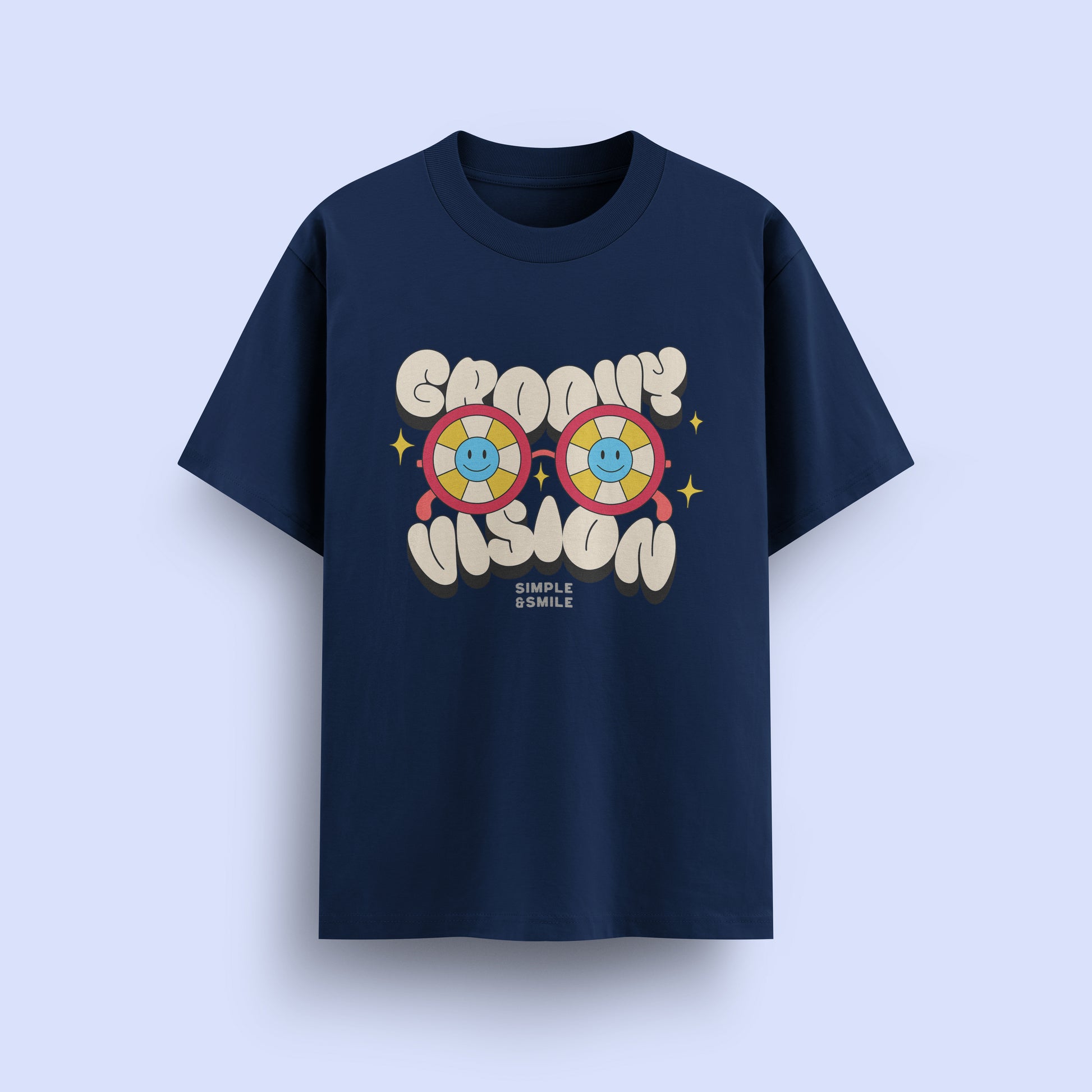 Navy blue t-shirt with colorful graphic design on a light purple background