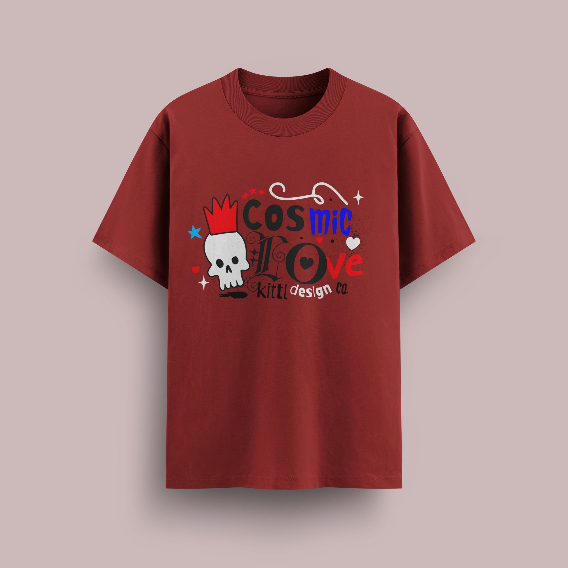Red t-shirt with a skull and text design on a beige background