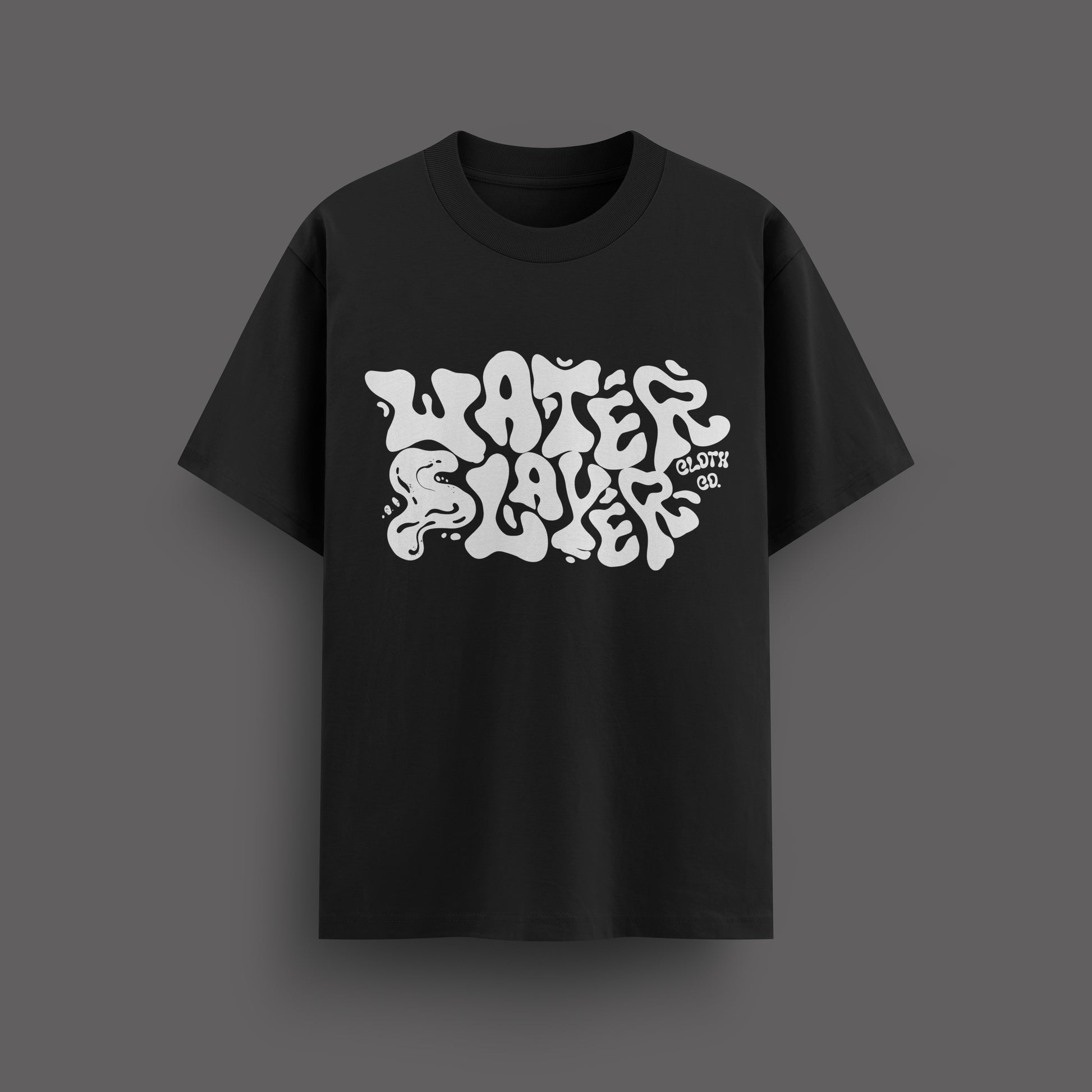 Black t-shirt with white text design on a dark gray background