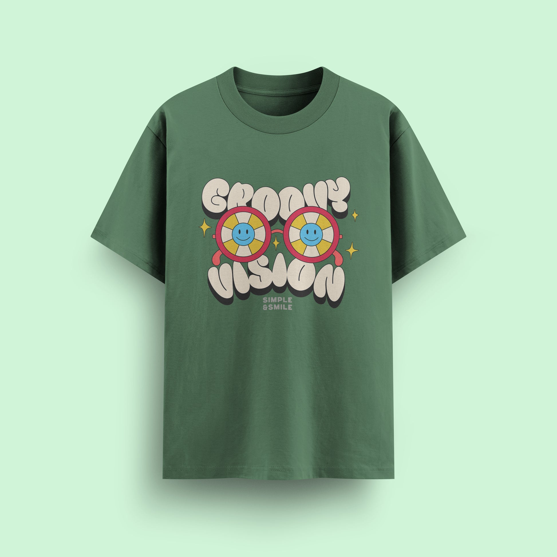 Green t-shirt with a graphic design on a light green background