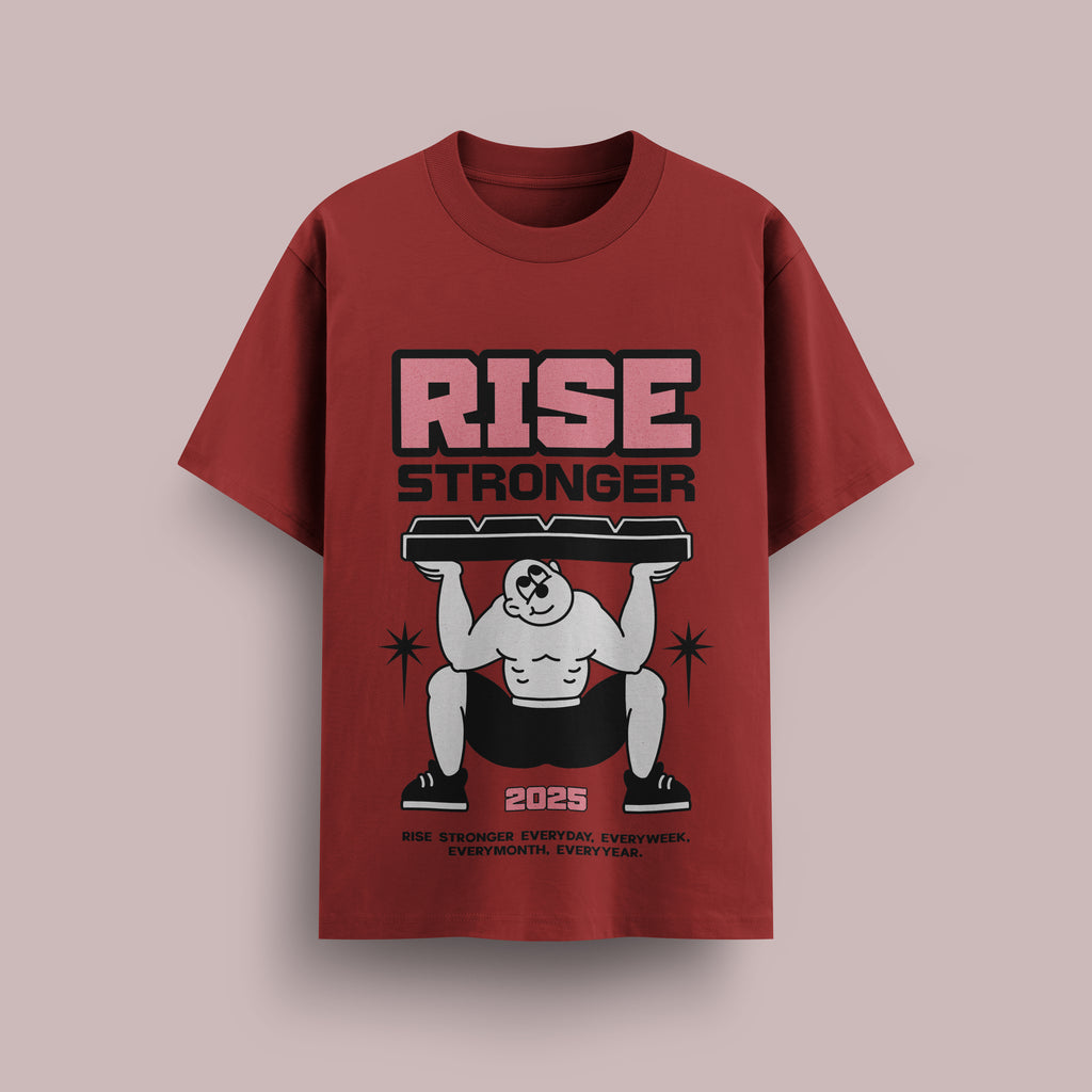 Red t-shirt with 'RISE STRONGER' graphic design on a beige background