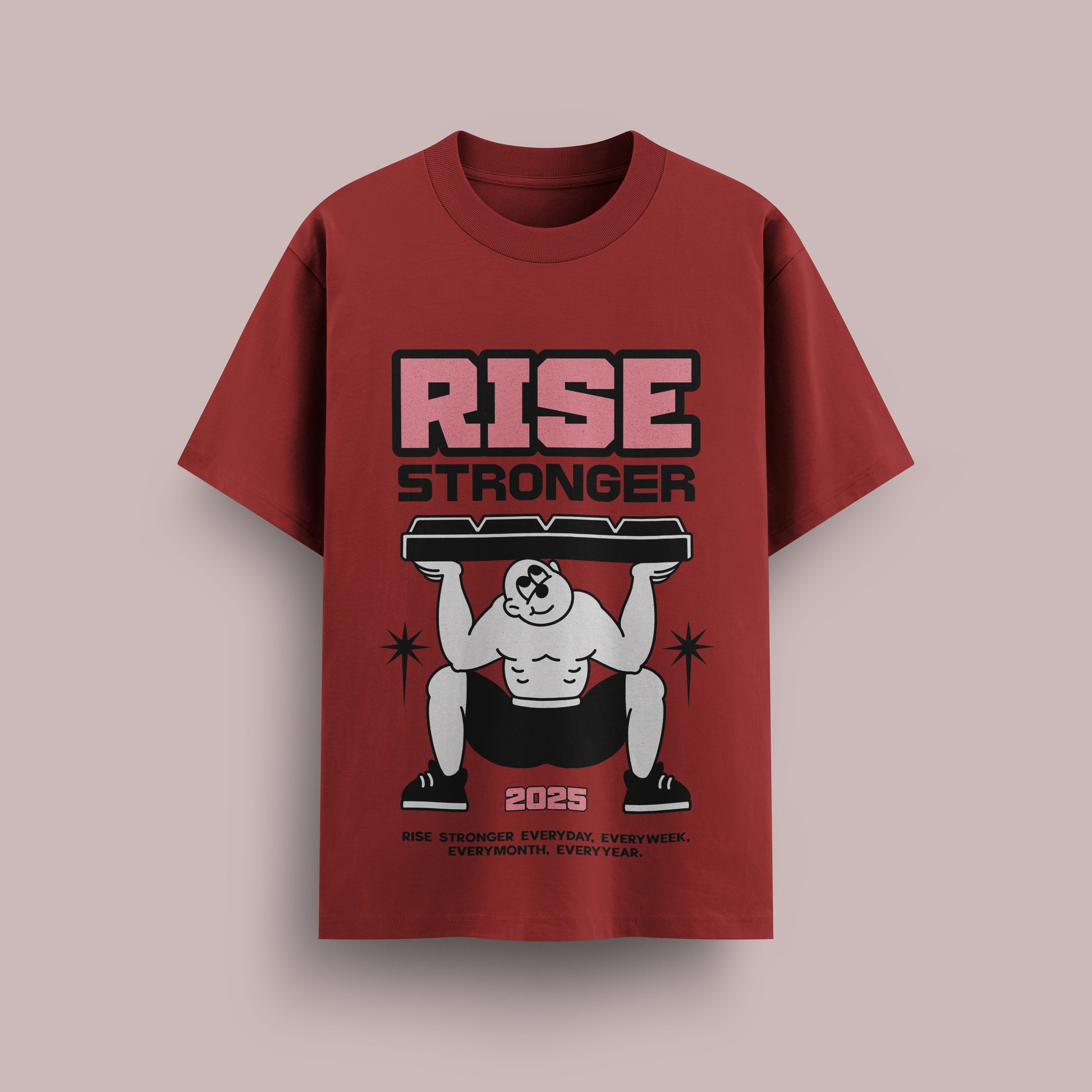 Red t-shirt with 'RISE STRONGER' graphic design on a beige background