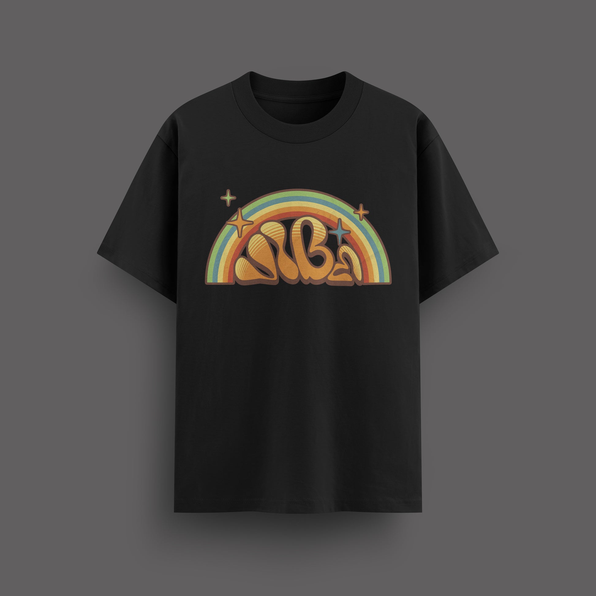 Black t-shirt with a colorful rainbow and letter design on a dark gray background