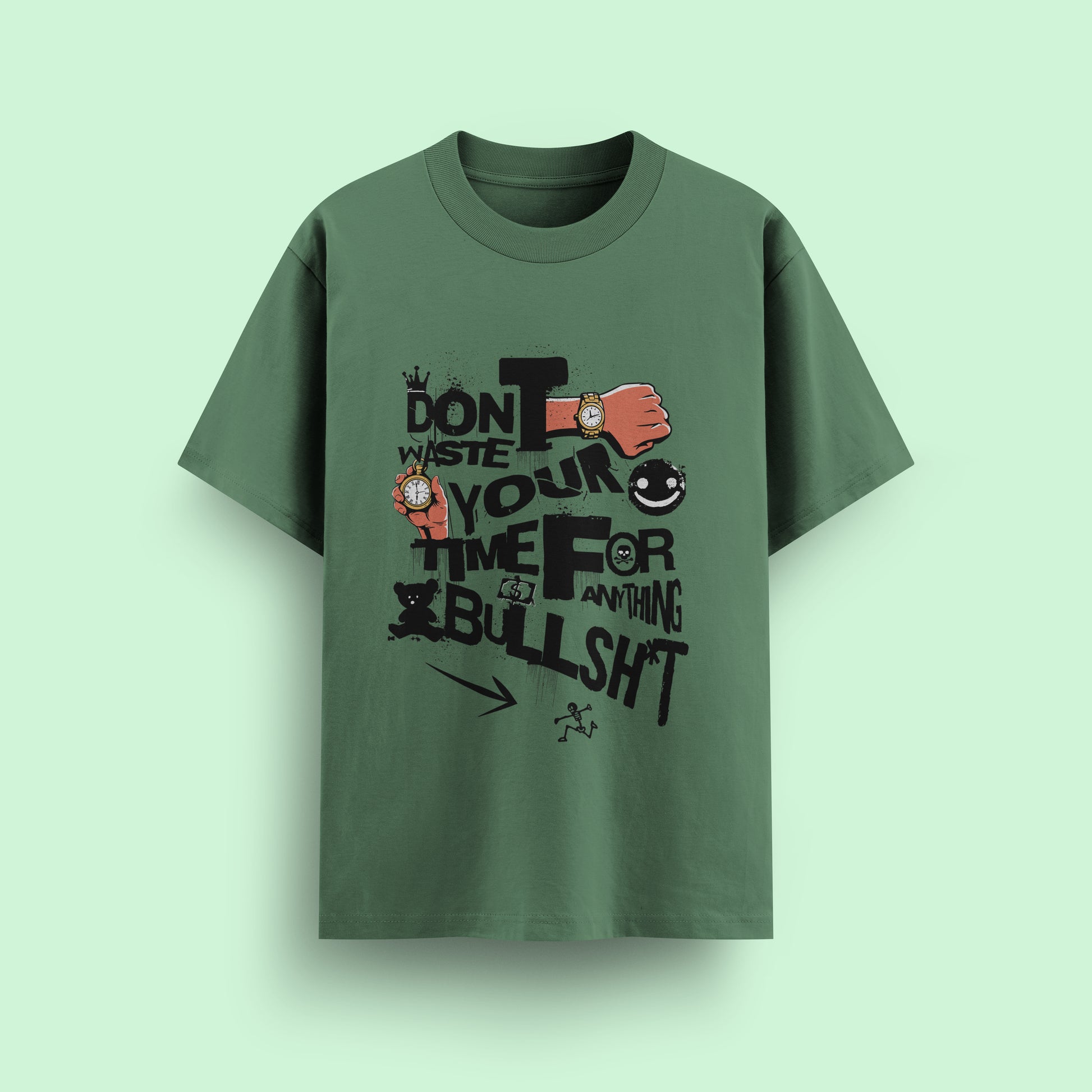 Green t-shirt with graphic design and text on a light green background