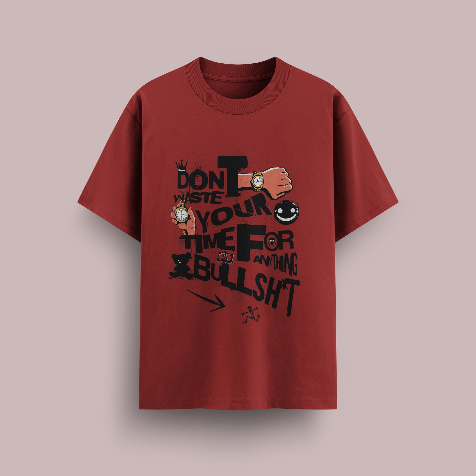 Red t-shirt with graphic design and text on a beige background