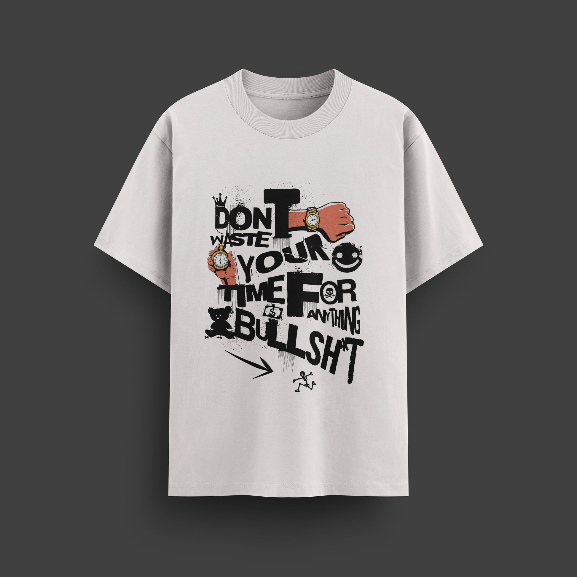 White t-shirt with graphic design and text on a dark gray background