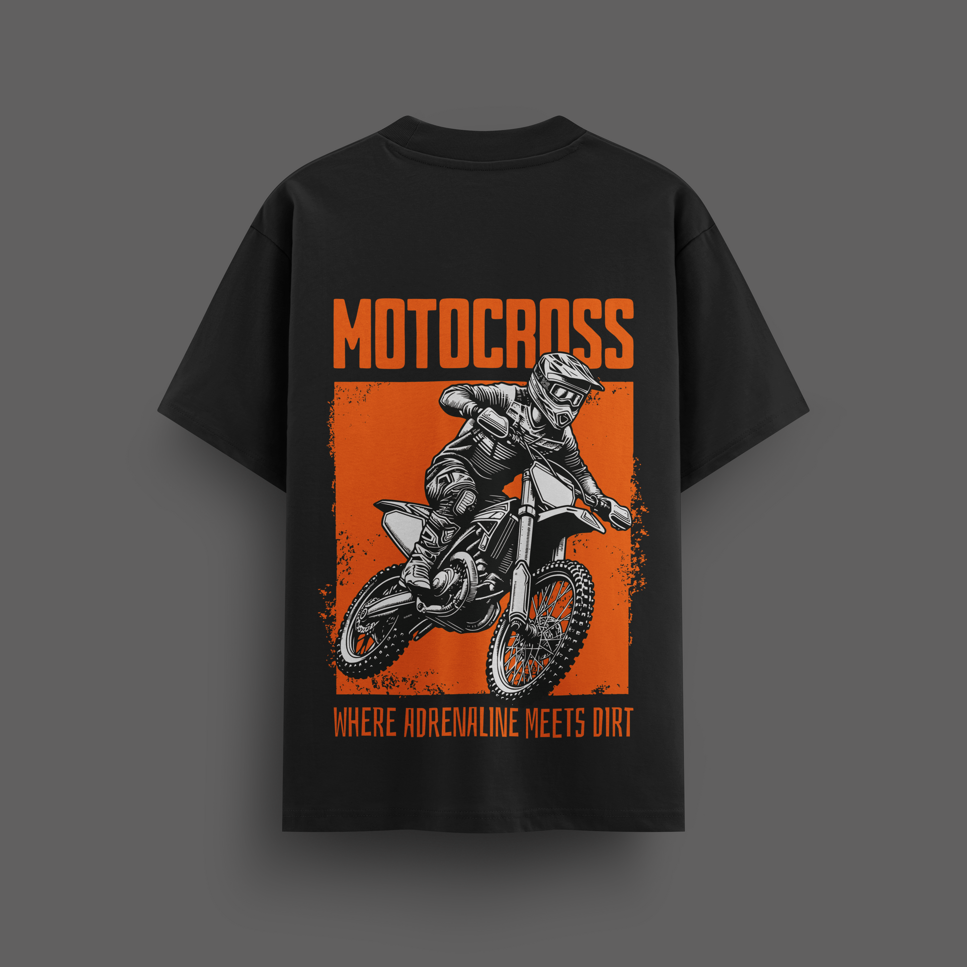 Black t-shirt with motocross graphic and text on a dark background