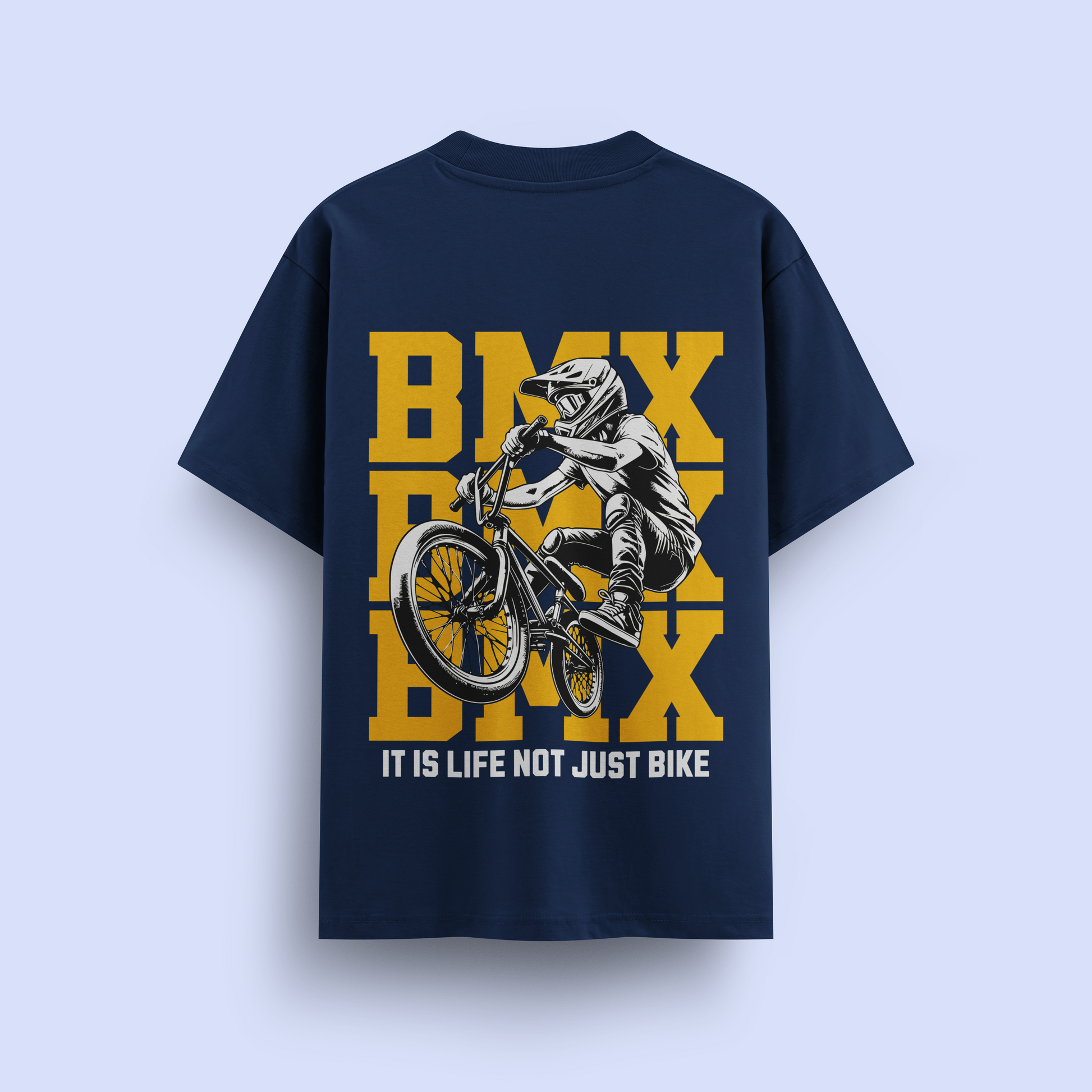 Navy blue t-shirt with BMX graphic and text on a light purple background