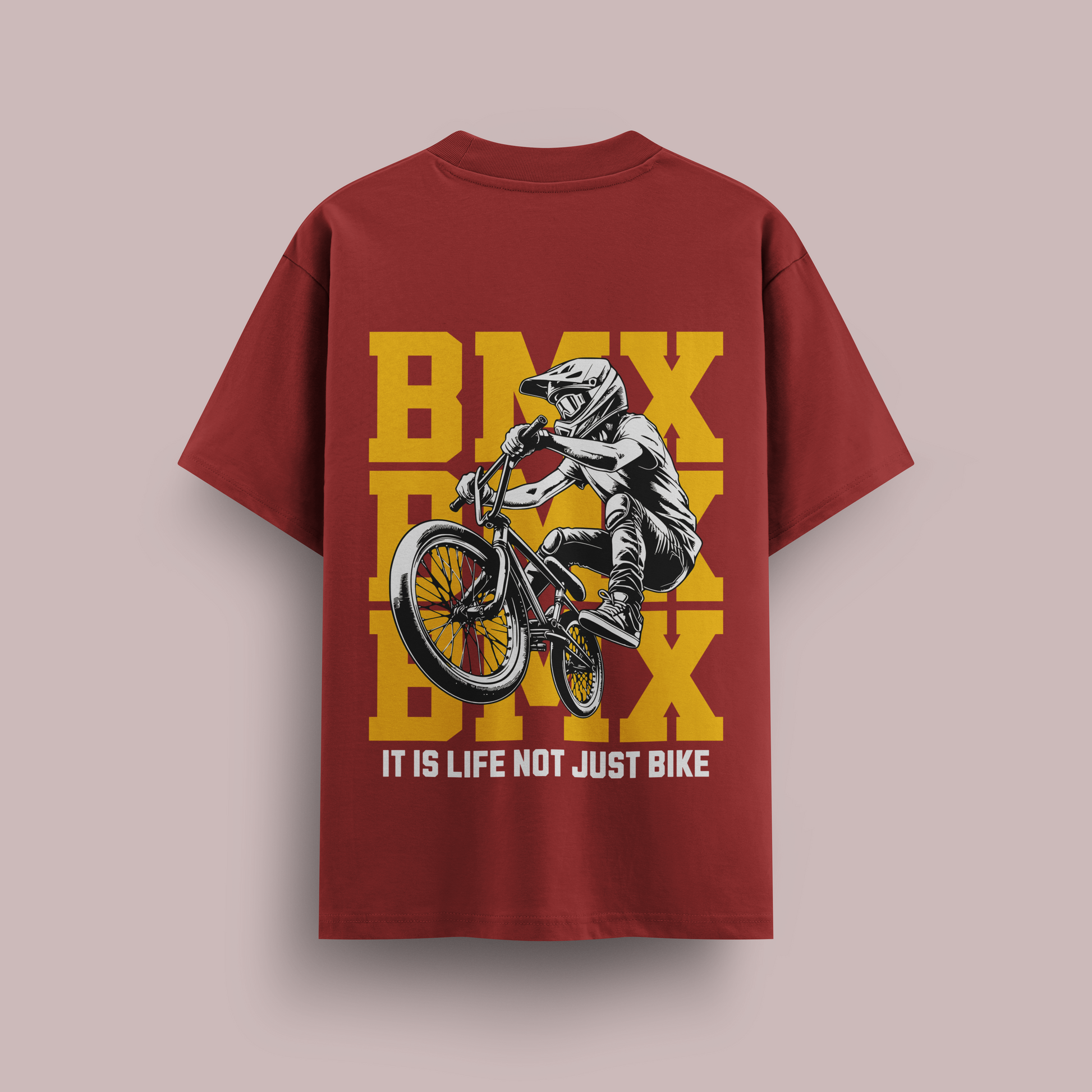 Red t-shirt with BMX graphic and text on a beige background