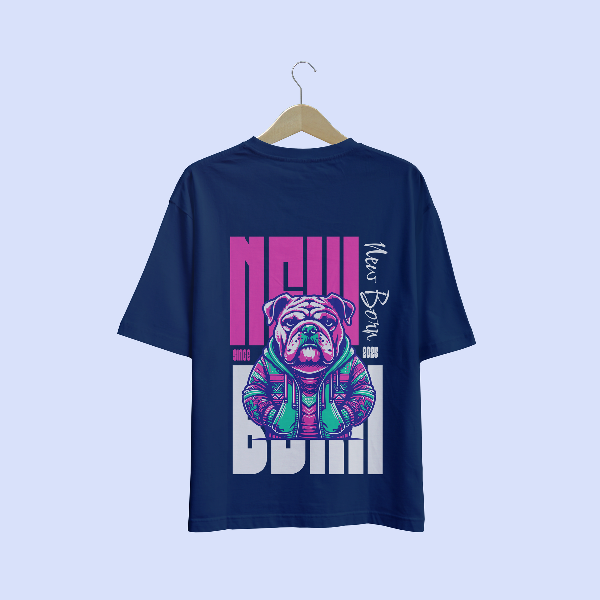 Navy blue oversize t-shirt with a colorful bulldog graphic and text on a light purple background