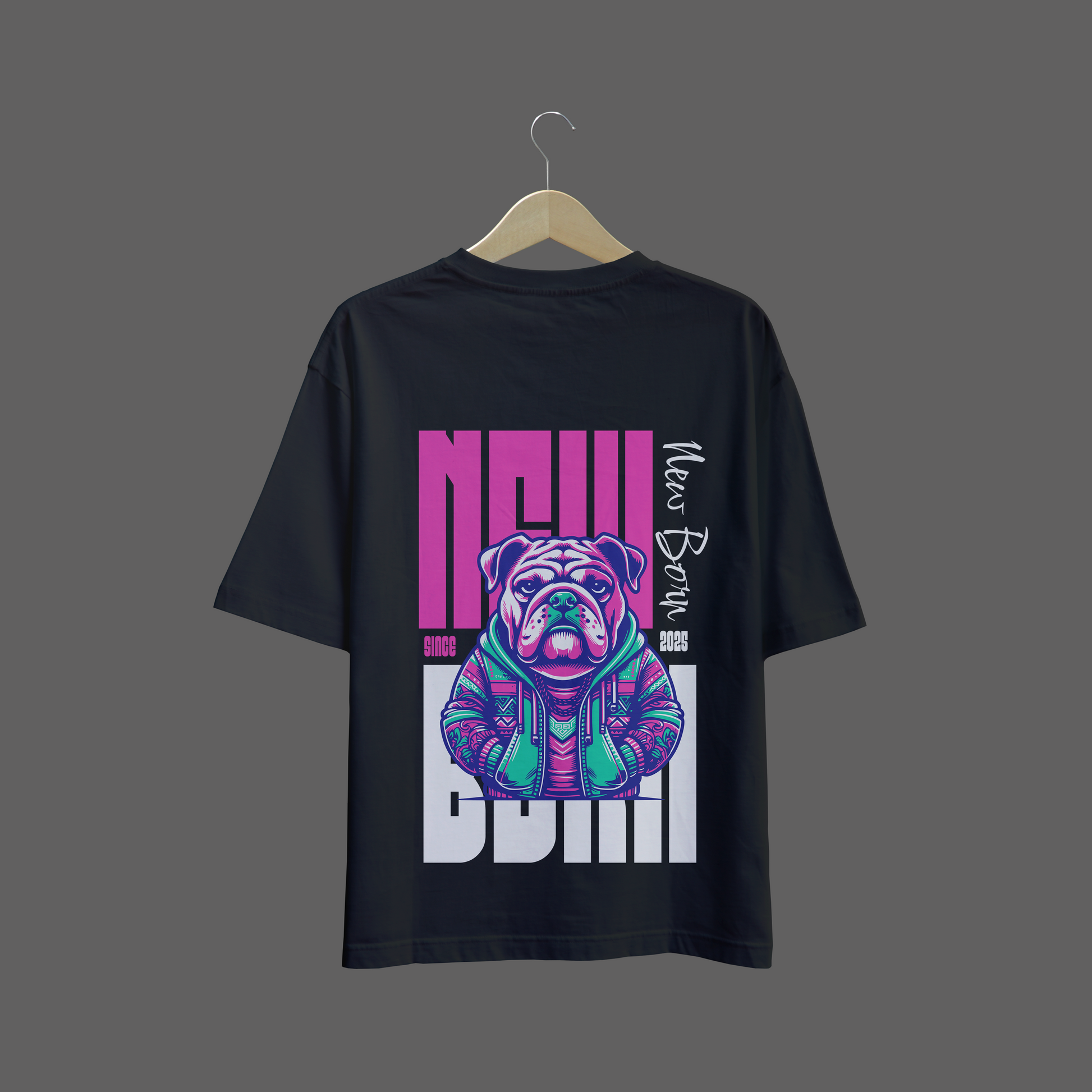 Black oversize t-shirt with a colorful graphic of a dog and text on a gray background