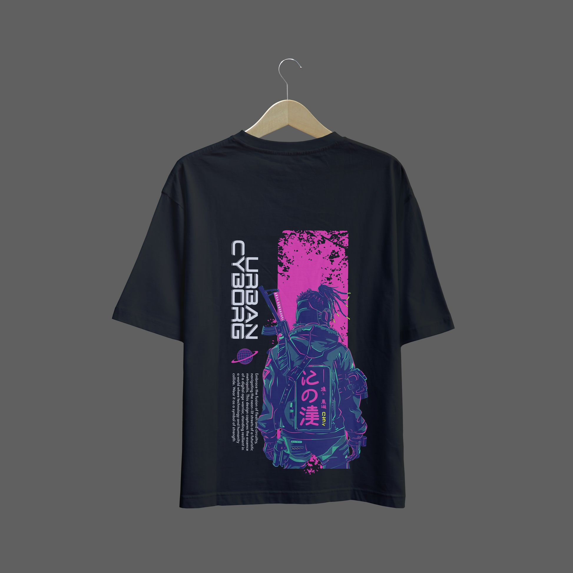 Black oversize t-shirt with a colorful graphic design on a hanger against a dark background