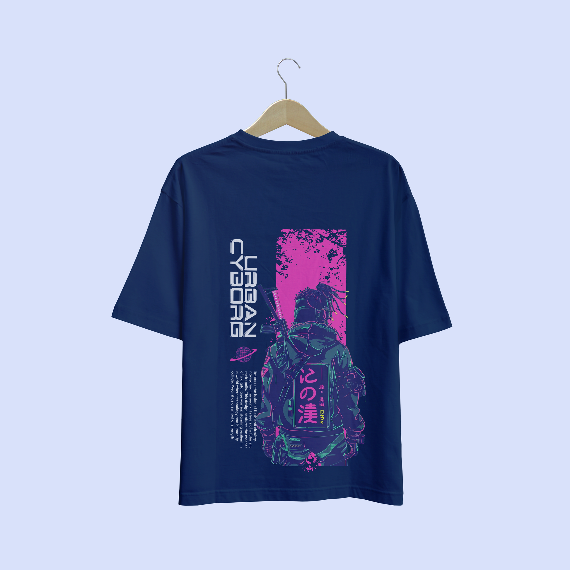Navy blue oversize t-shirt with a graphic design on a light purple background