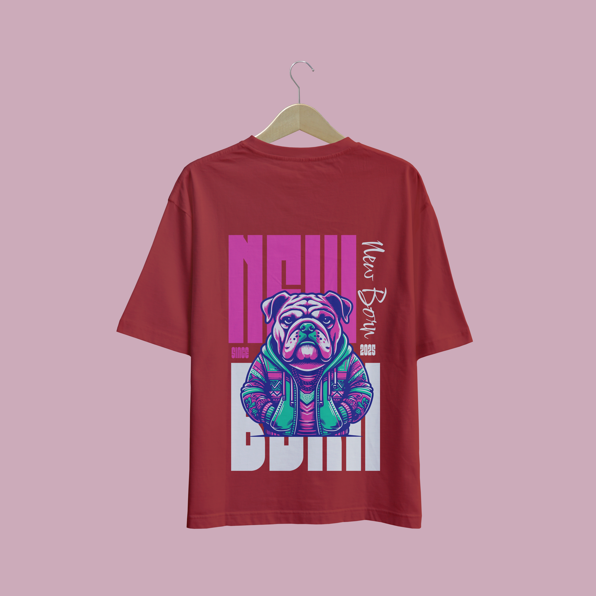 Red oversize t-shirt with a colorful dog graphic and text on a pink background