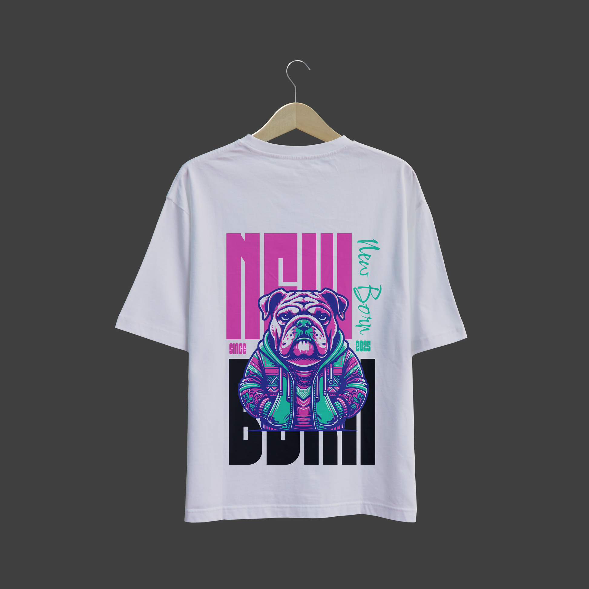 White oversize t-shirt with a colorful bulldog graphic and text on a dark background