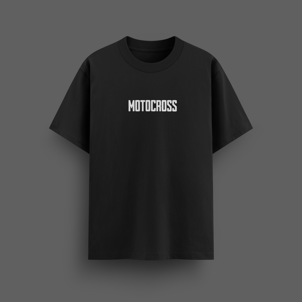 Black t-shirt with 'MOTOCROSS' text on a gray background