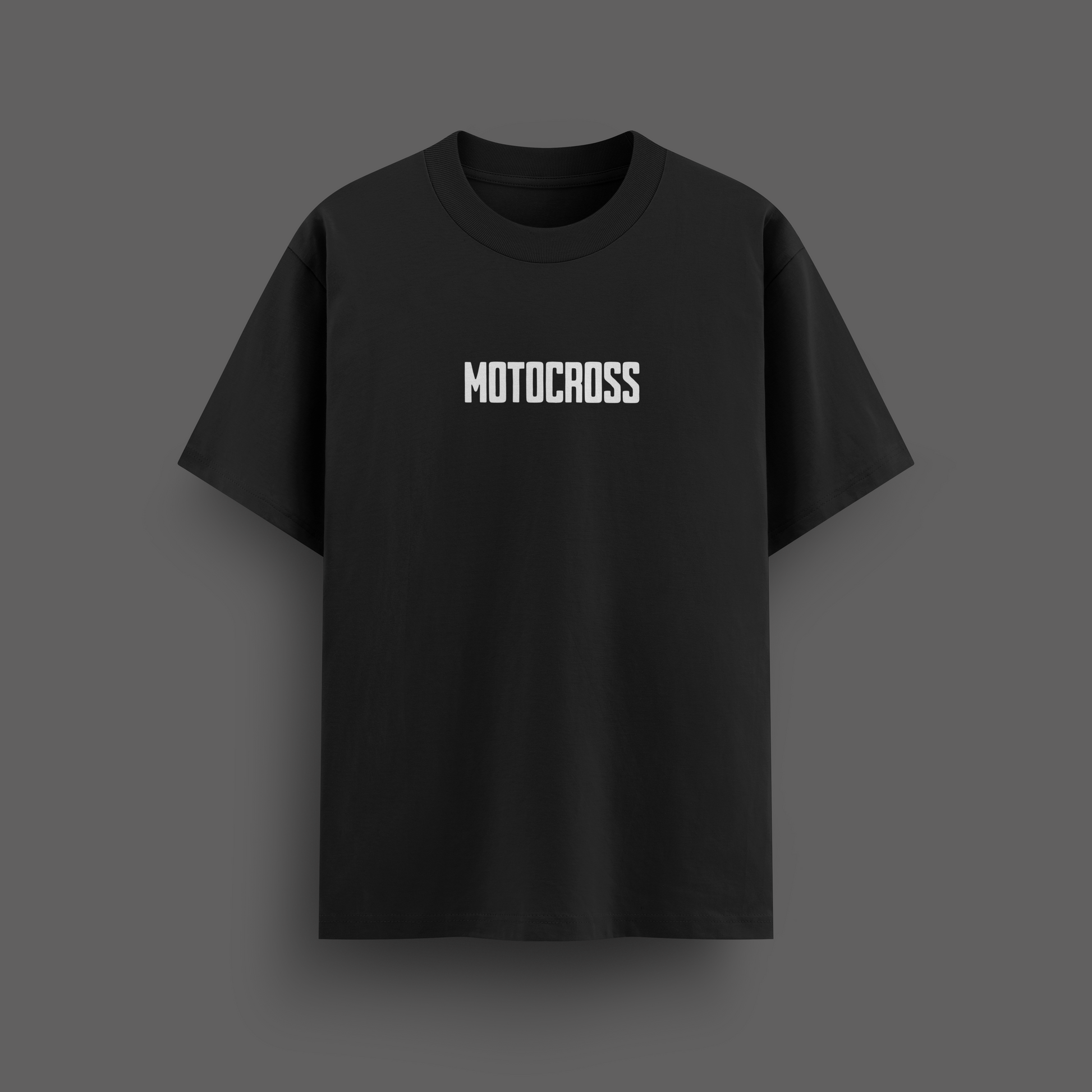 Black t-shirt with 'MOTOCROSS' text on a gray background