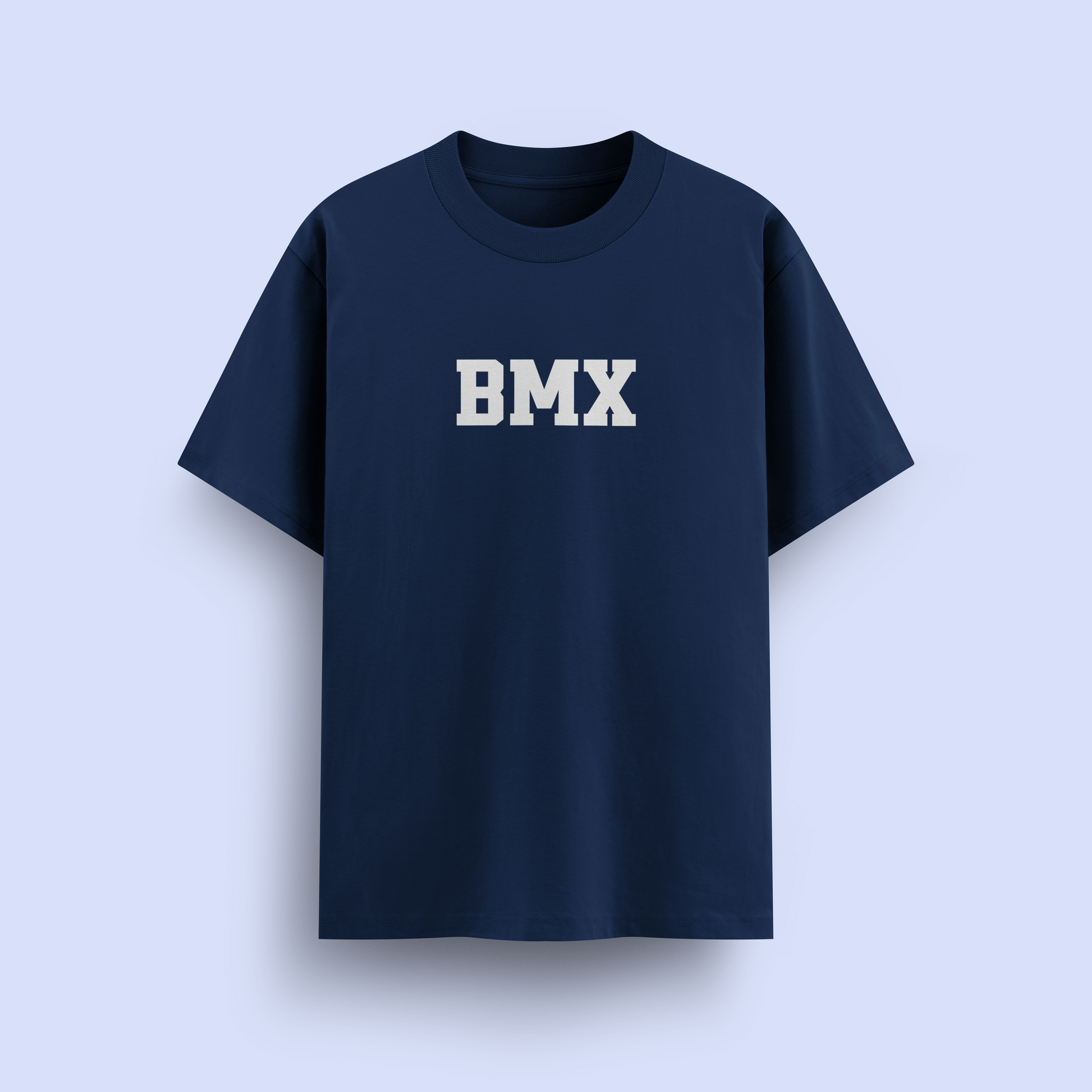 Navy blue t-shirt with 'BMX' text on a light purple background