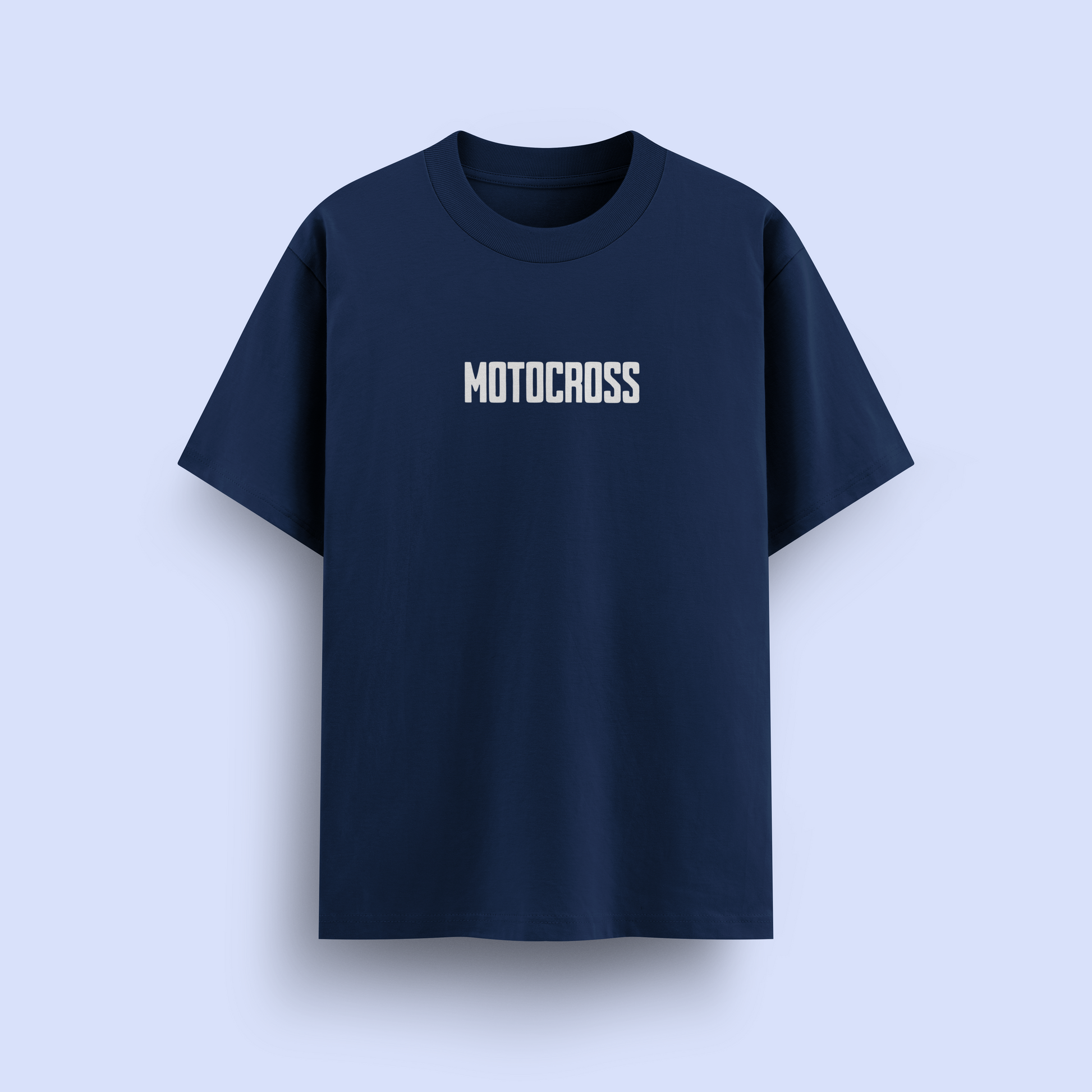 Navy blue t-shirt with 'MOTOCROSS' text on a light purple background