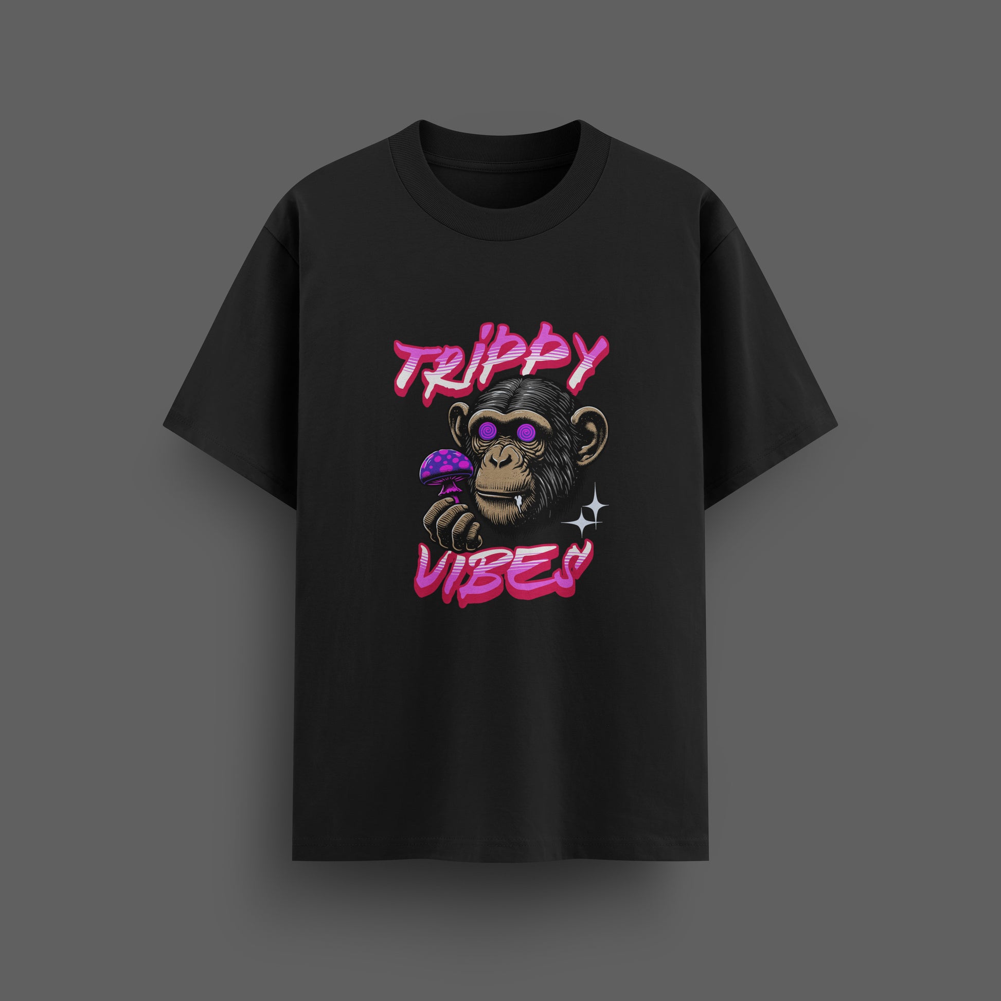 Black t-shirt with a monkey graphic and 'Trippy Vibes' text on a dark background