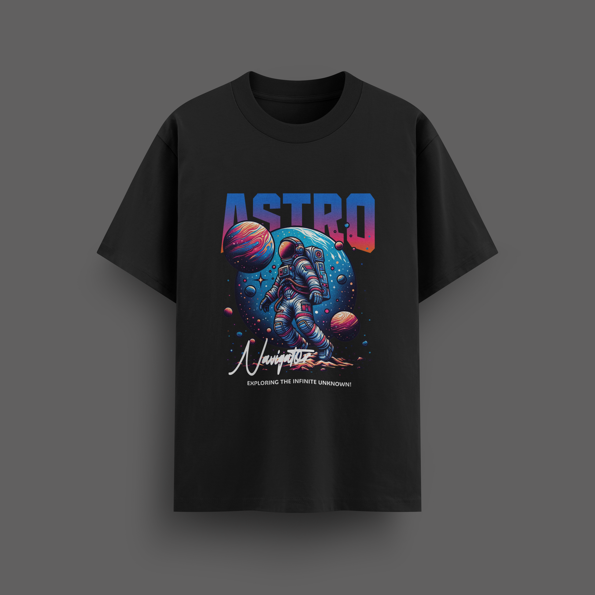 Black t-shirt with space-themed graphic and 'ASTRO' branding on a dark background