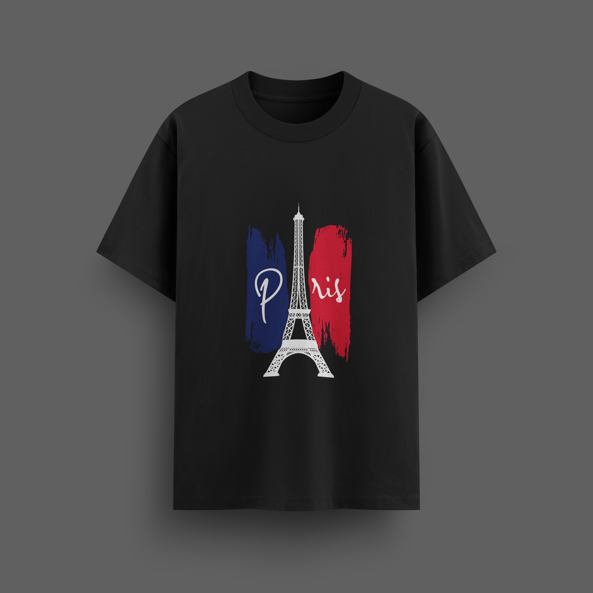 Black oversize t-shirt with Eiffel Tower graphic and 'Paris' text on a dark gray background