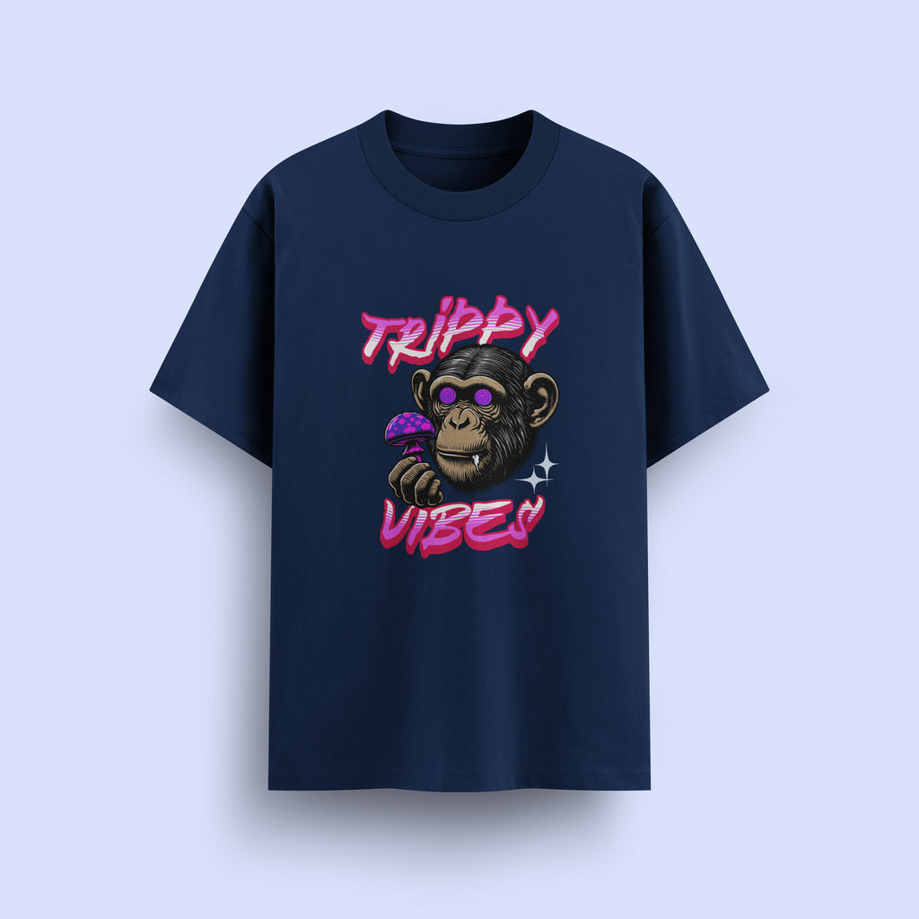 Navy blue t-shirt with a monkey graphic and 'Trippy Vibes' text on a light purple background