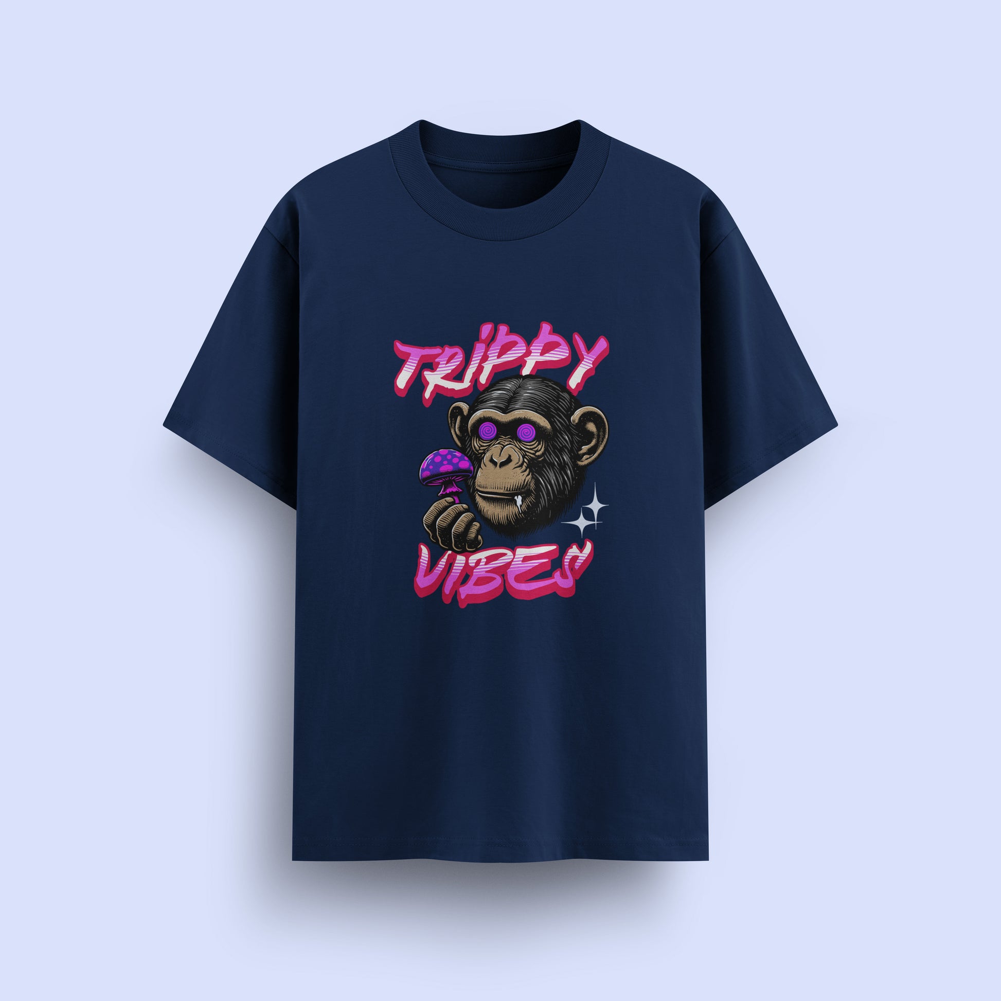 Navy blue t-shirt with a monkey graphic and 'Trippy Vibes' text on a light purple background